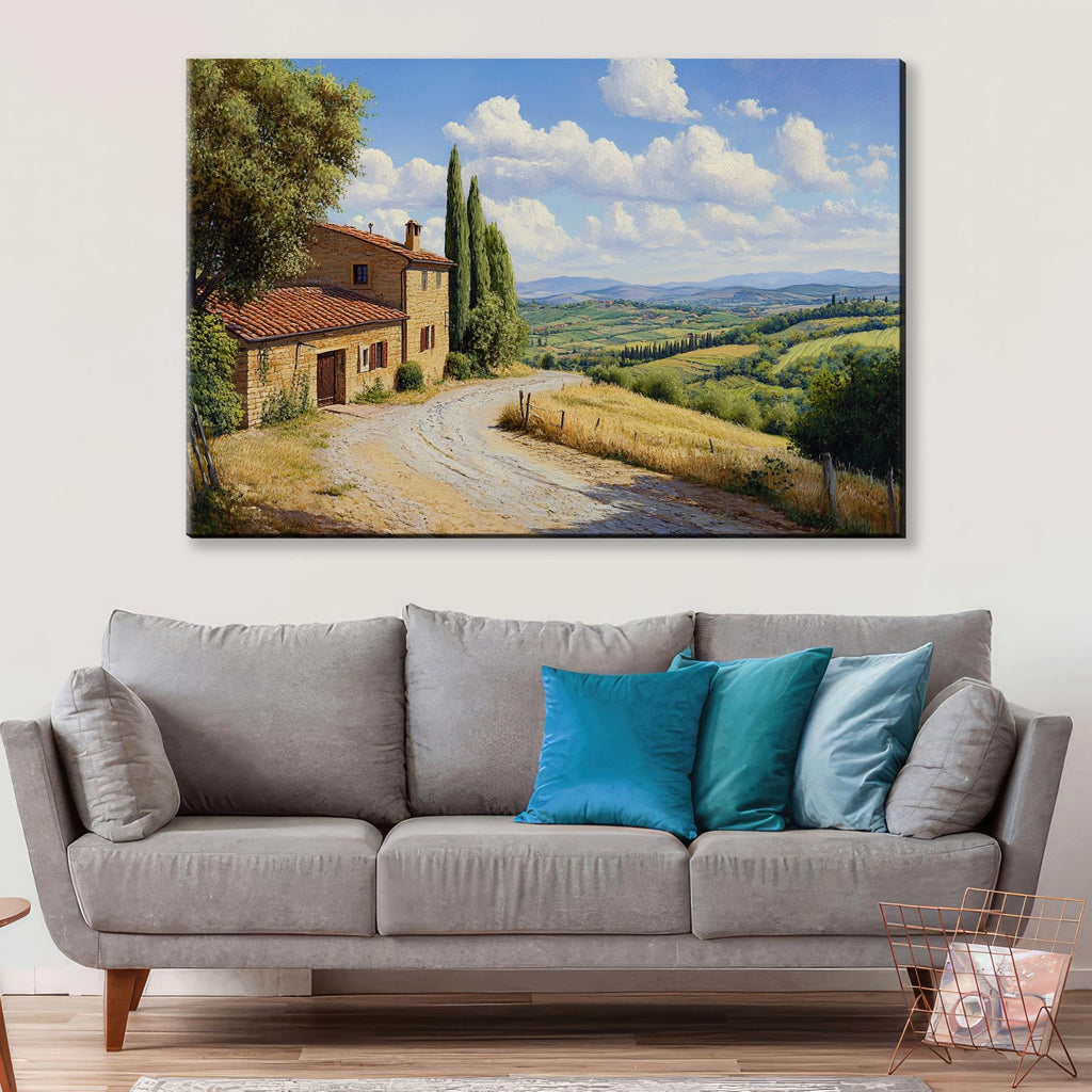 a living room with a couch and a painting on the wall