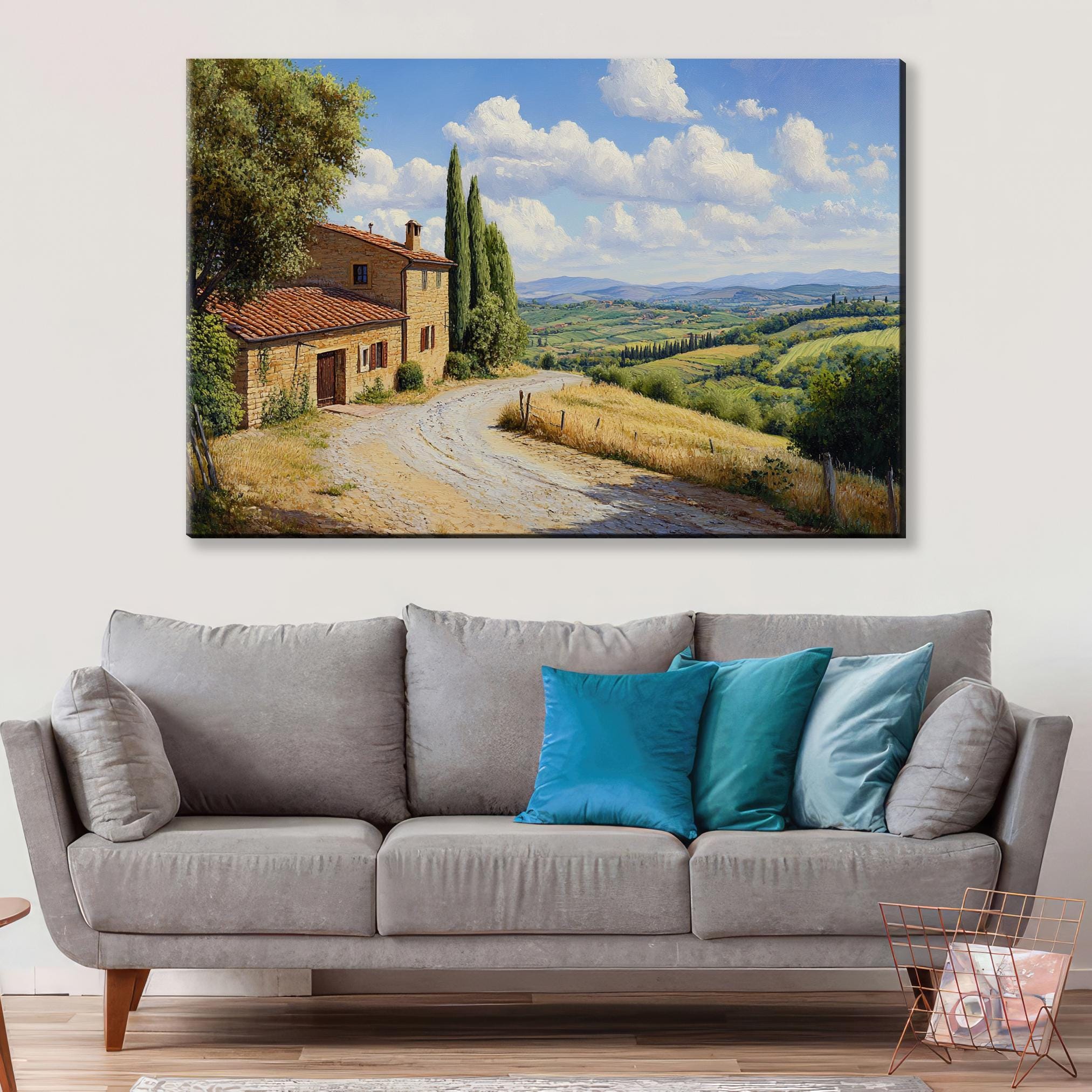 a living room with a couch and a painting on the wall