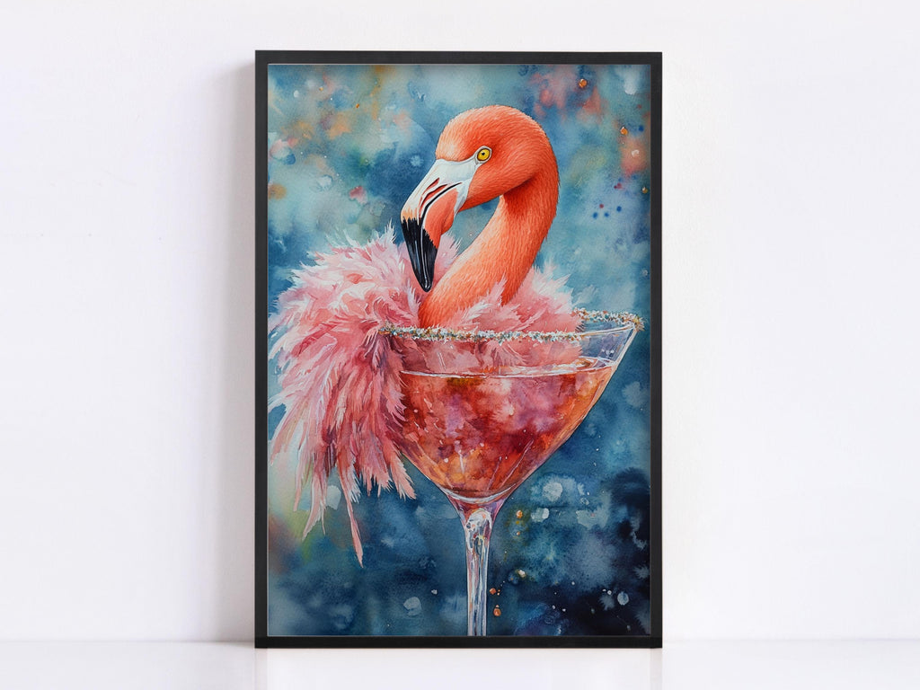 A vibrant painting of a flamingo perched on a martini glass, with a pink feather adorning its head.