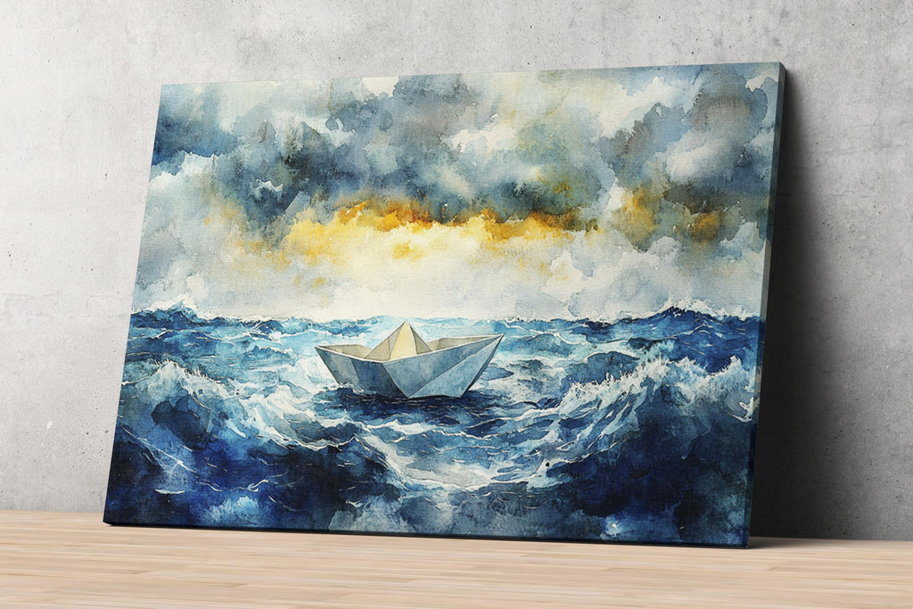 a small paper boat sailing on a stormy sea, with waves crashing around it.