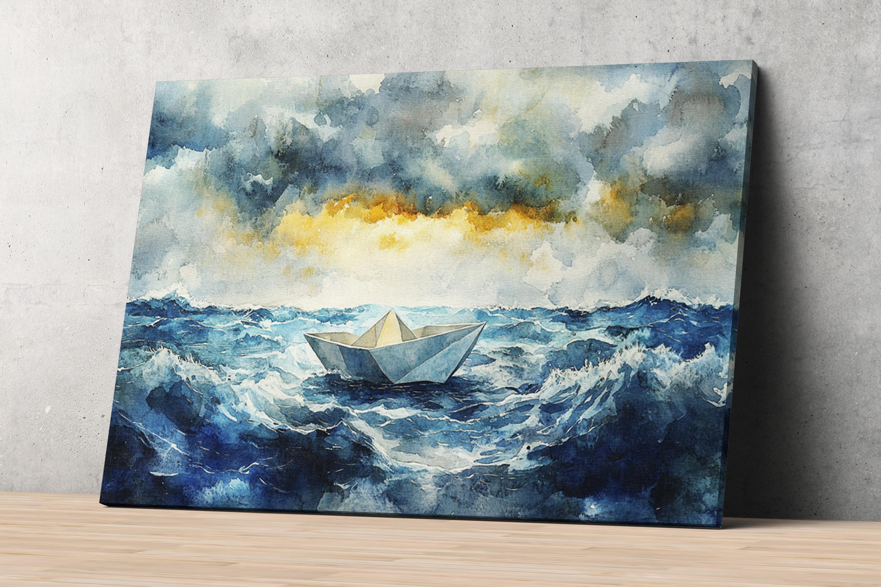 a small paper boat sailing on a stormy sea, with waves crashing around it.