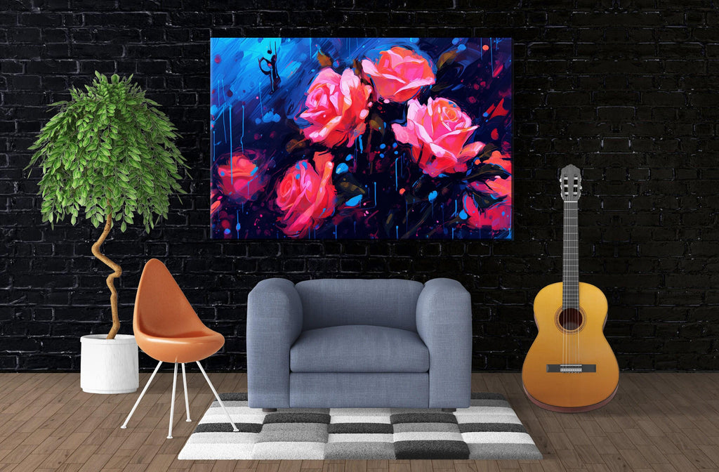 Abstract Roses Canvas | Extra Large Floral Wall Decor - Vibrant Paint Drip Artwork