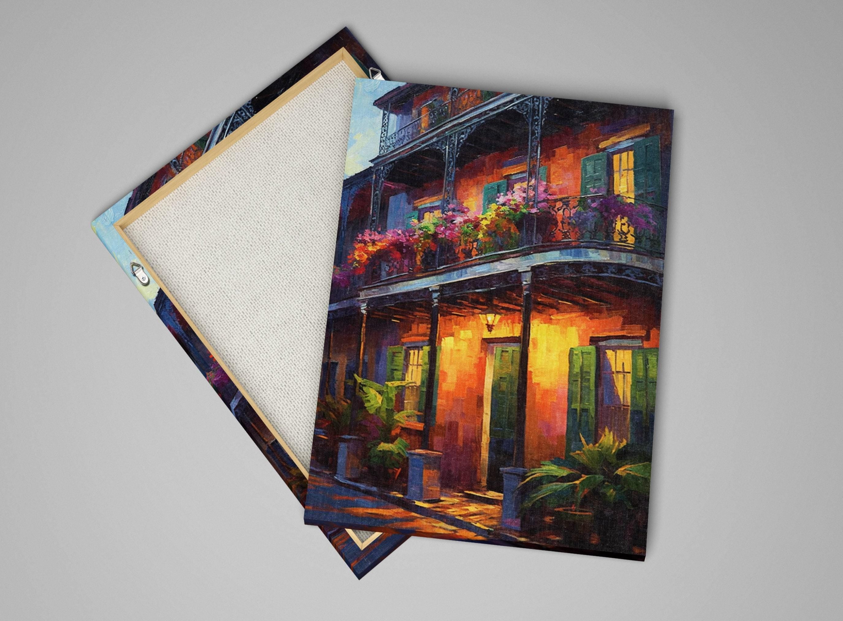 New Orleans Canvas Art – Large Framed French Quarter Painting With Wood Frame