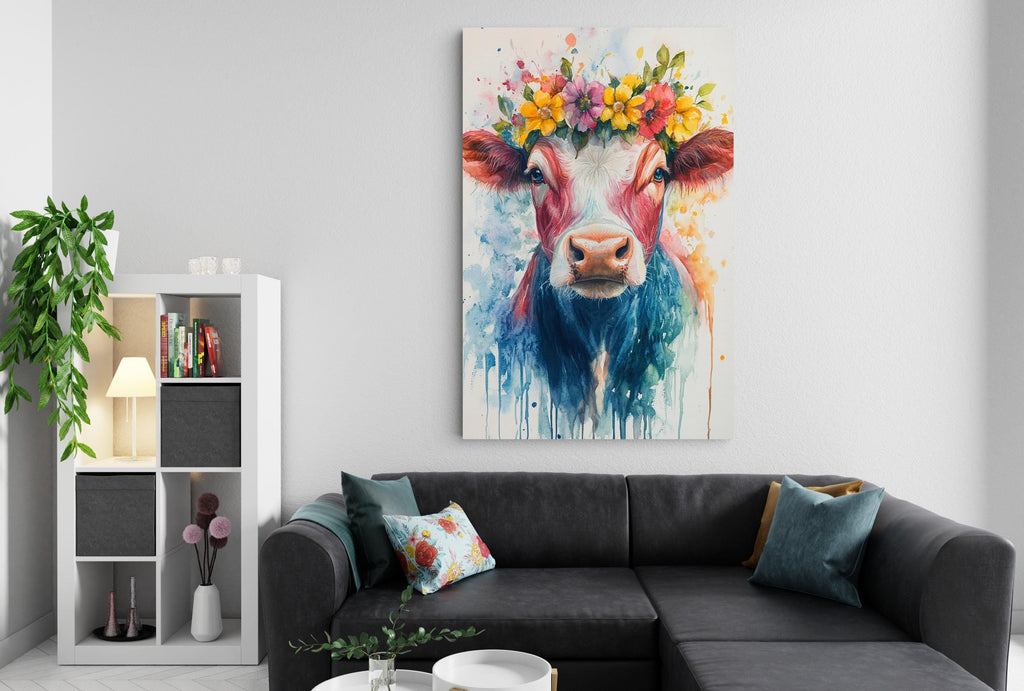 a living room with a black sectional sofa, a bookshelf, and a large painting of a cow with a colorful flower crown on its head.
