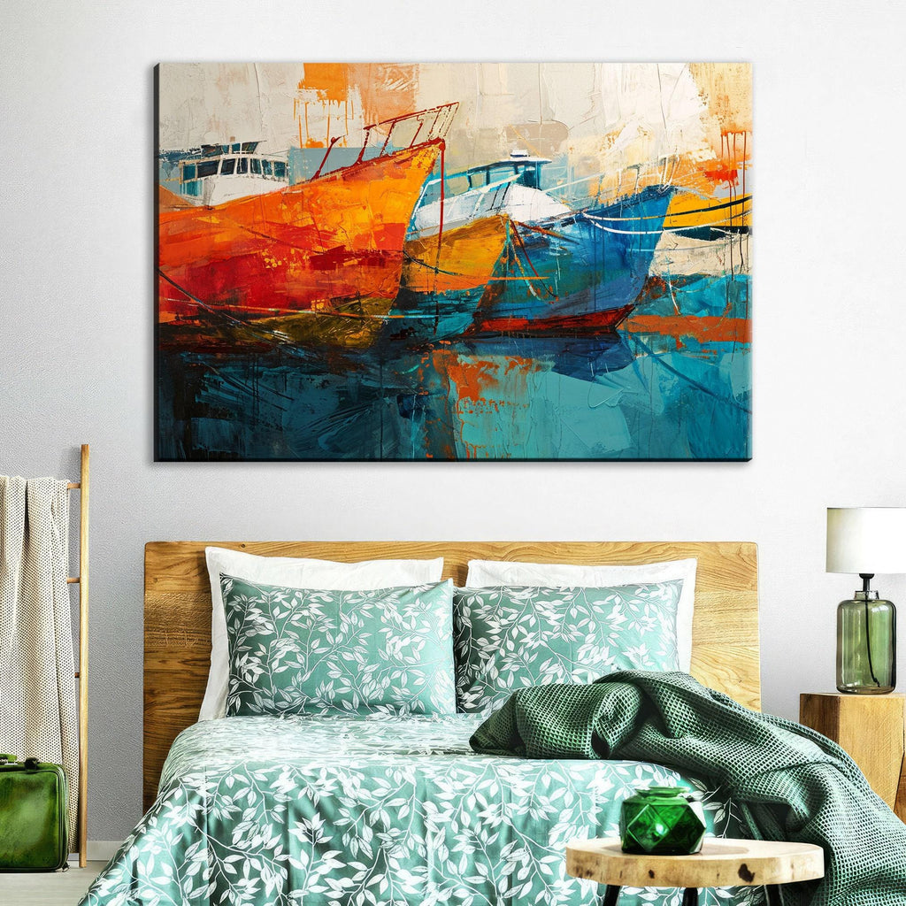 Nautical Canvas Art - Large Sailboat Canvas Print | Blue Orange Harbor Scene