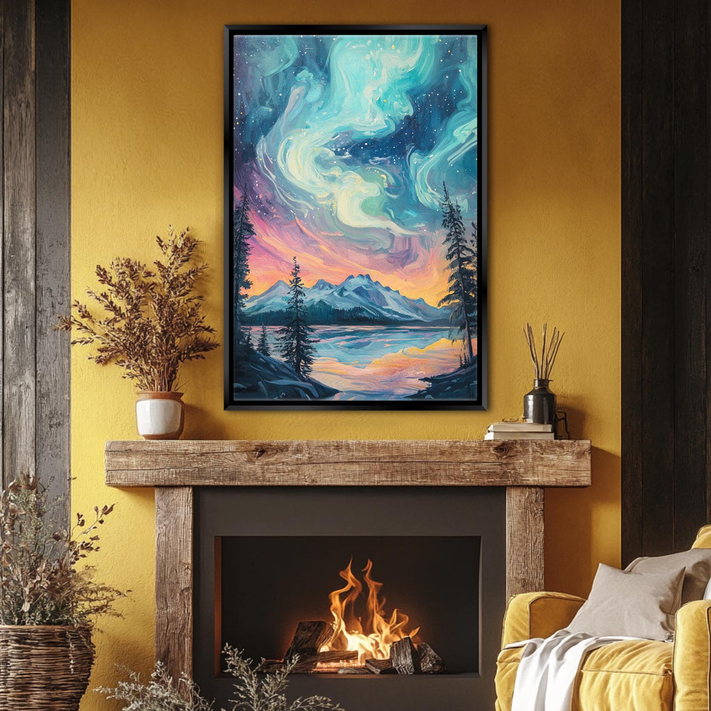 a living room with a fire place and a painting on the wall