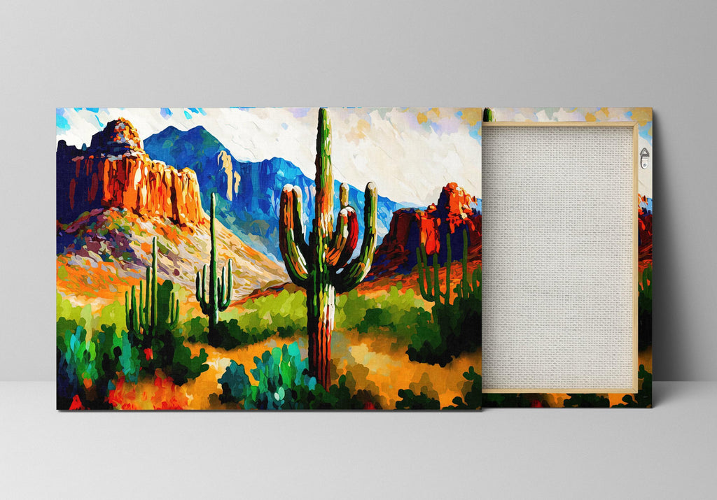 The image is a vibrant painting depicting a desert landscape with a prominent cactus in the foreground. The painting showcases a colorful and detailed representation of the desert environment, with mountains and other desert elements in the background.