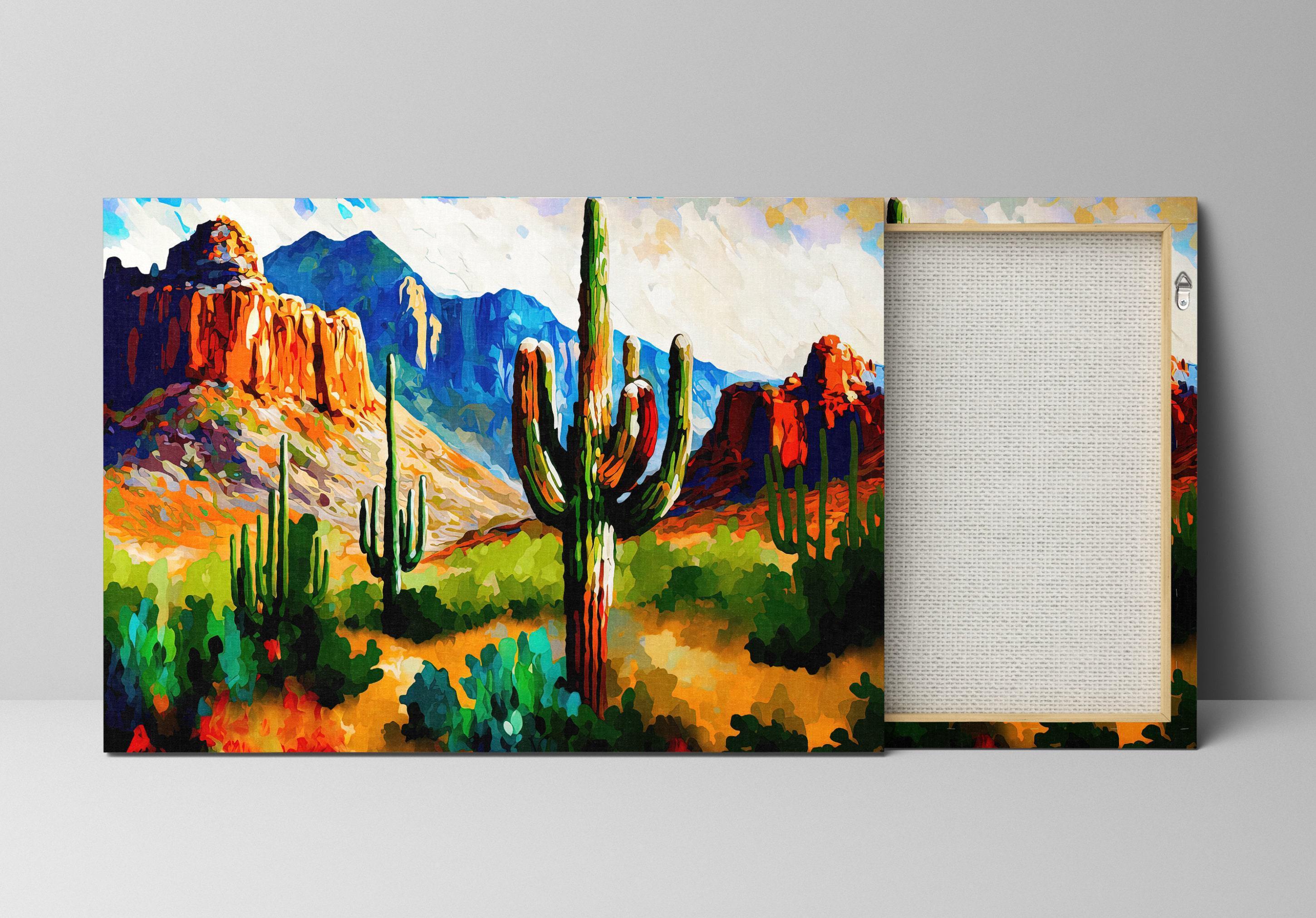 The image is a vibrant painting depicting a desert landscape with a prominent cactus in the foreground. The painting showcases a colorful and detailed representation of the desert environment, with mountains and other desert elements in the background.