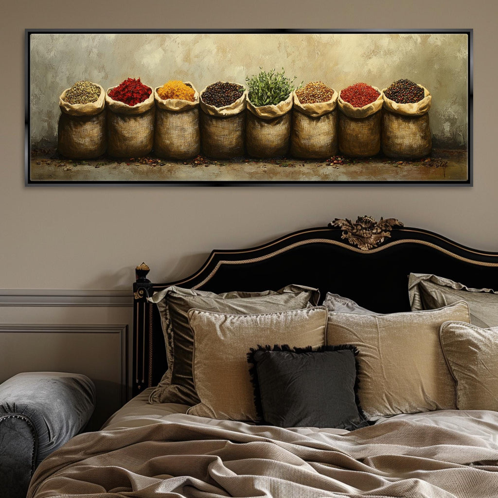 a painting of a bed with a bunch of bags of spices on it