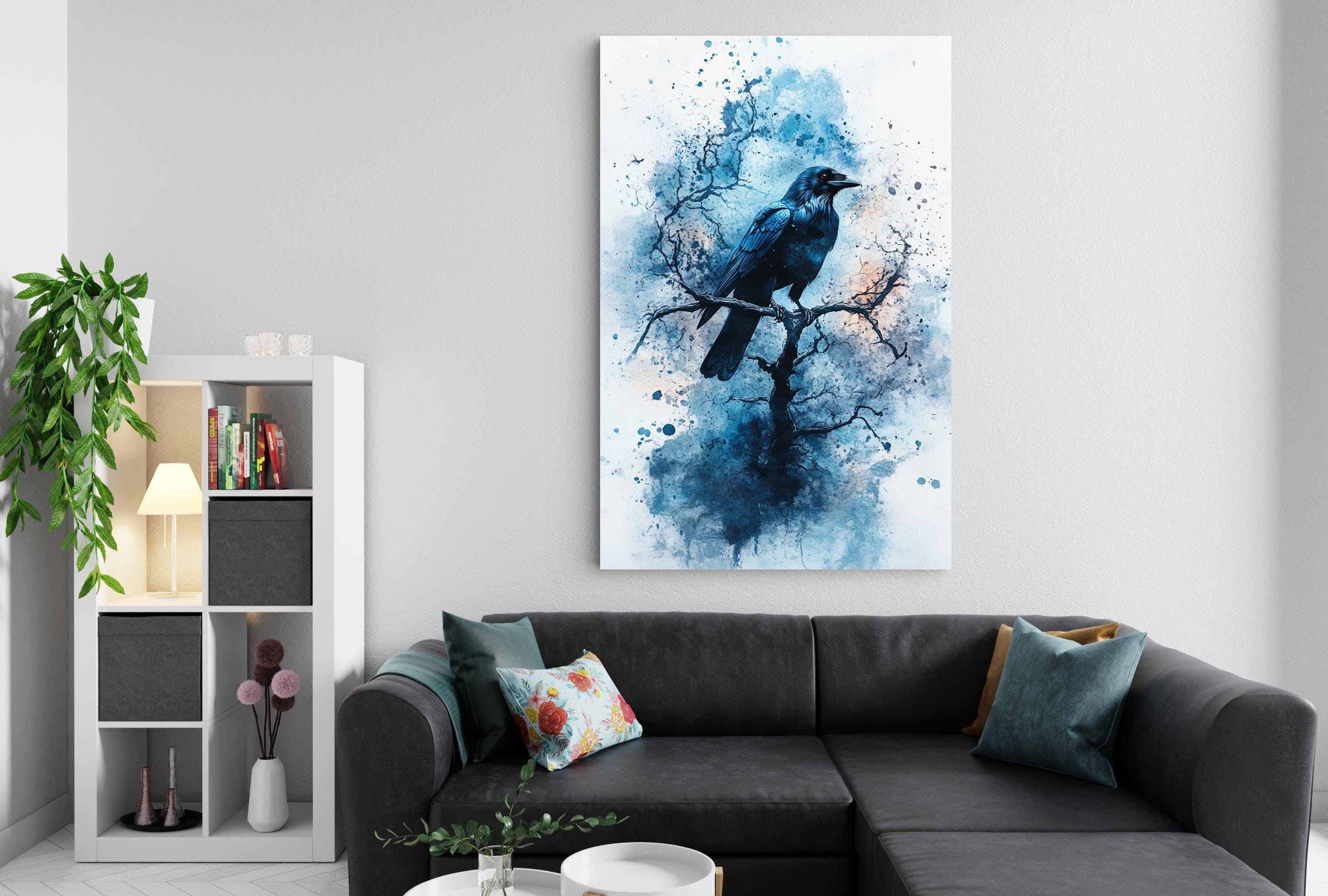 a cozy living room with a black leather couch, a bookshelf, and a large abstract painting of a bird perched on a branch.
