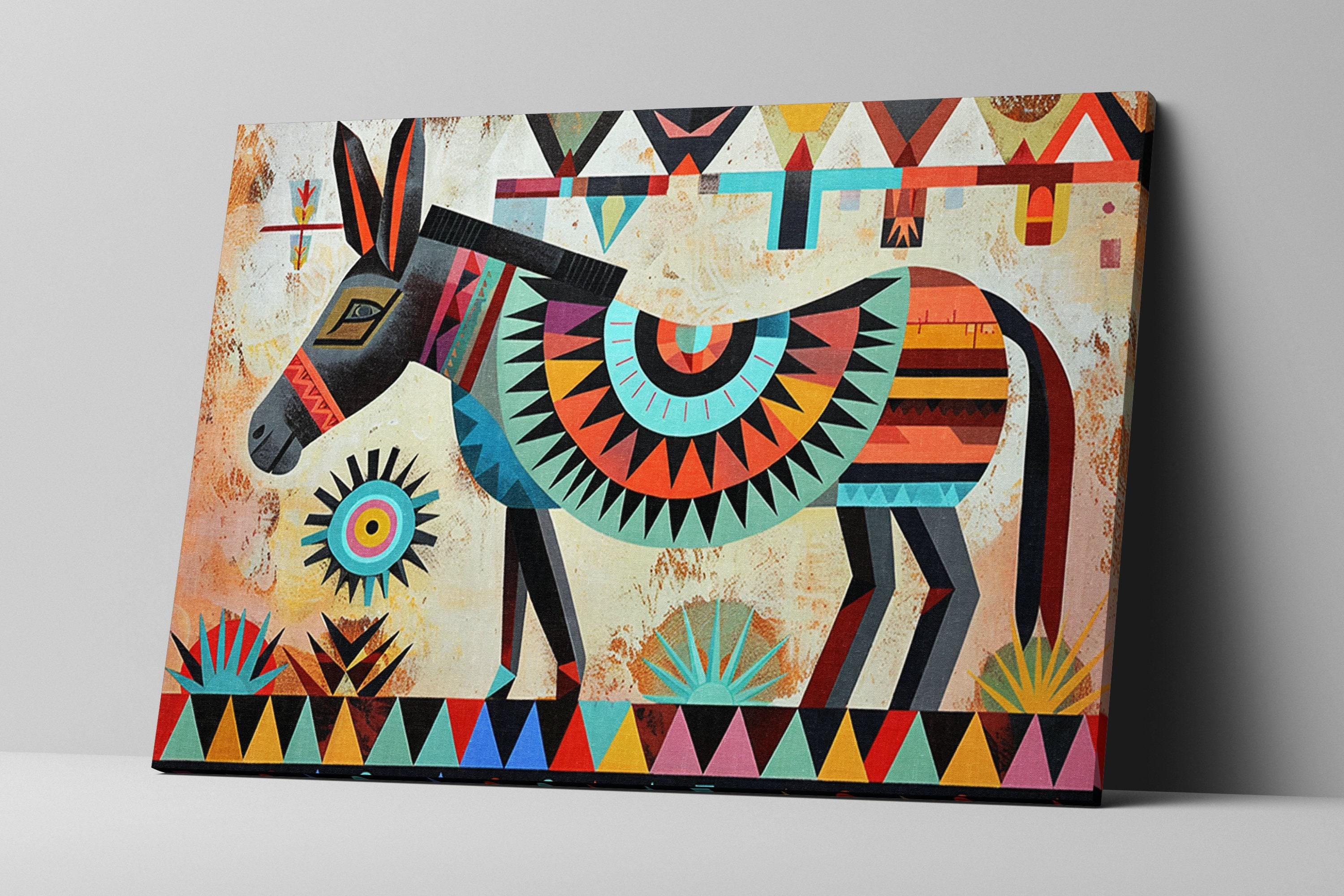 Tribal Donkey Portrait - Southwest Donkey Art on Large Gallery Wrapped Canvas
