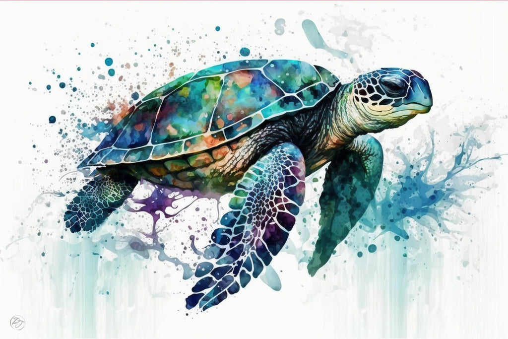 A colorful and detailed illustration of a sea turtle swimming in the ocean, with splashes of water and paint around it.