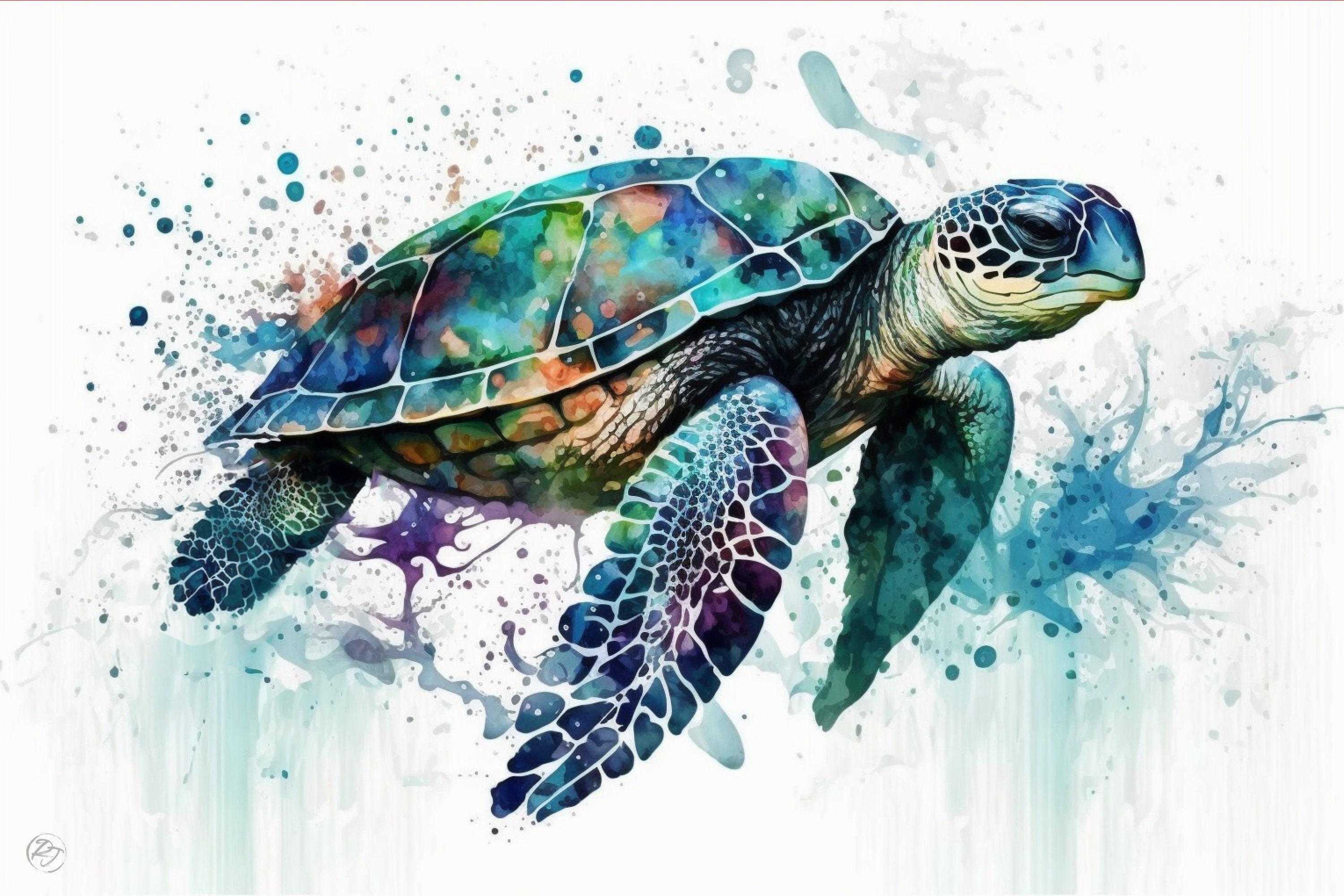 A colorful and detailed illustration of a sea turtle swimming in the ocean, with splashes of water and paint around it.