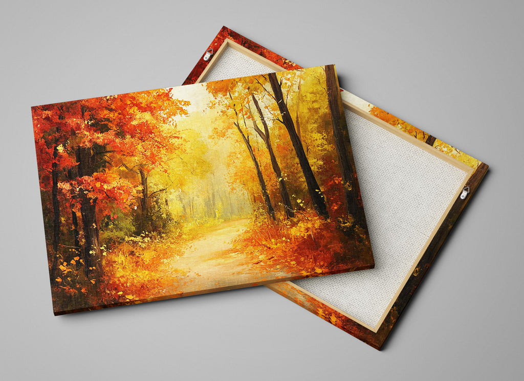 a serene autumn forest scene with a winding path surrounded by vibrant orange and yellow foliage.