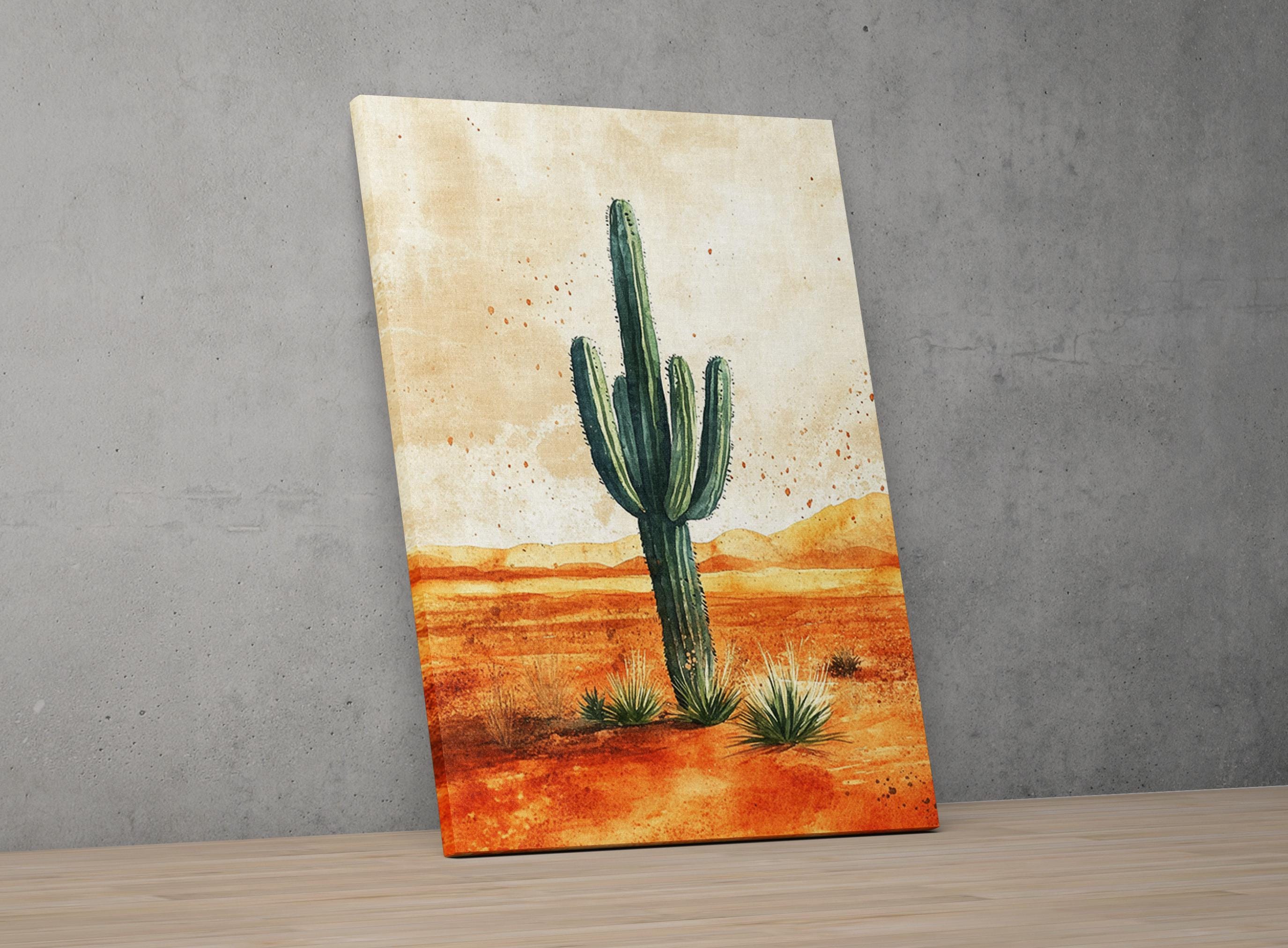 a tall cactus standing in a desert landscape with a warm orange and red background.