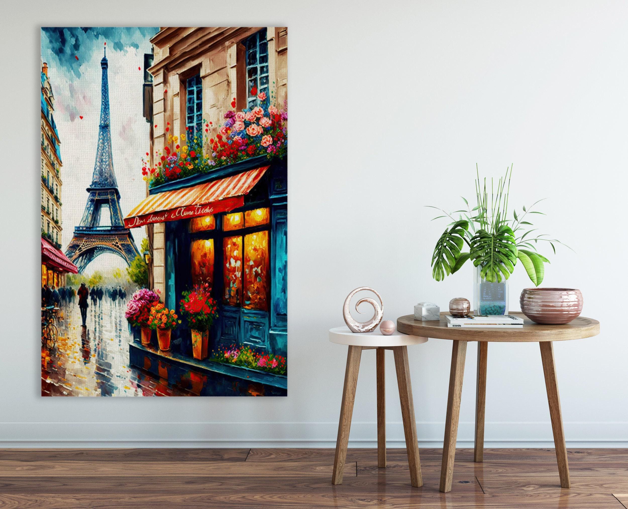 French Bistro Canvas - Paris Street Scene With Eiffel Tower Print | Gallery Ready Frame