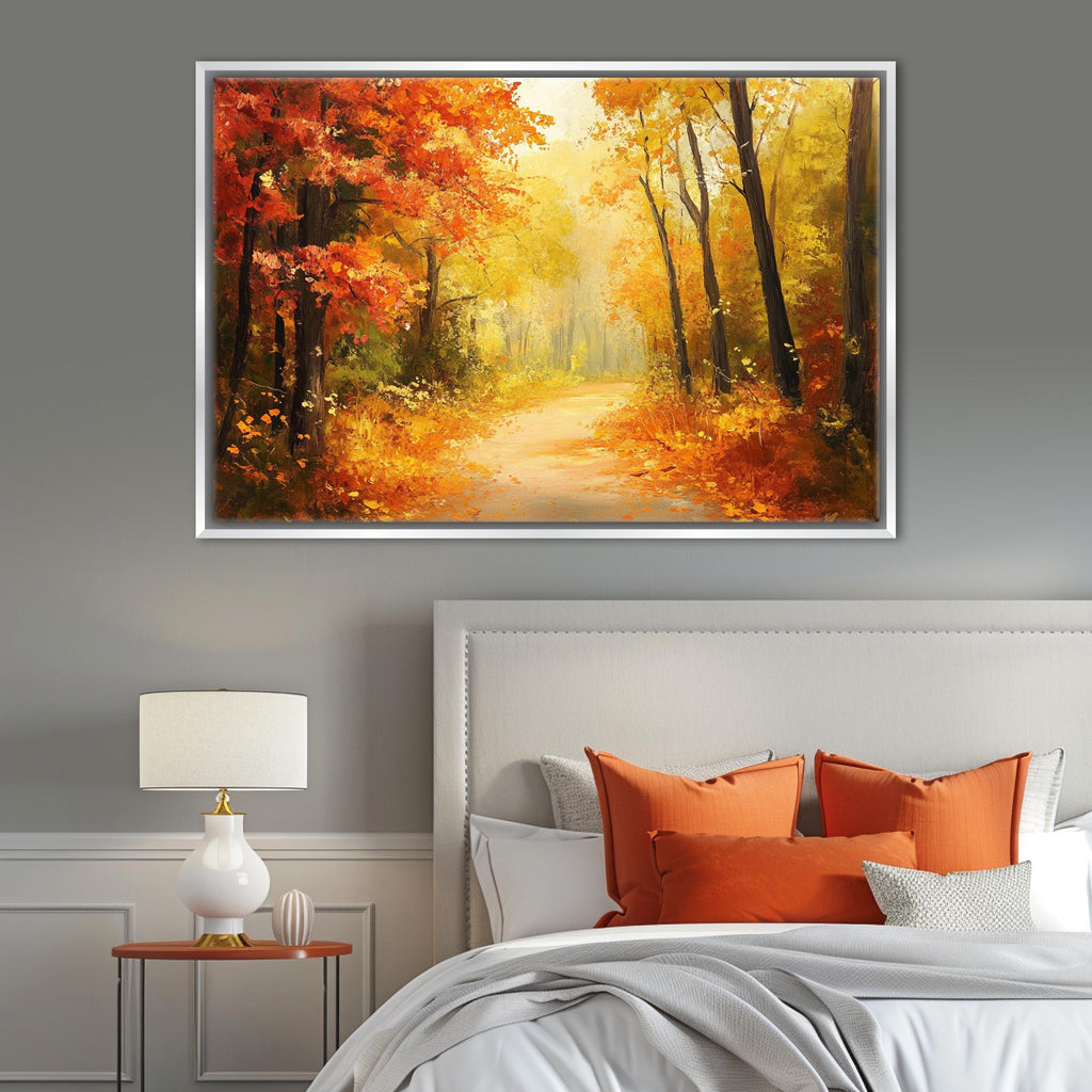a serene autumn forest scene with a winding path surrounded by vibrant orange and yellow foliage.