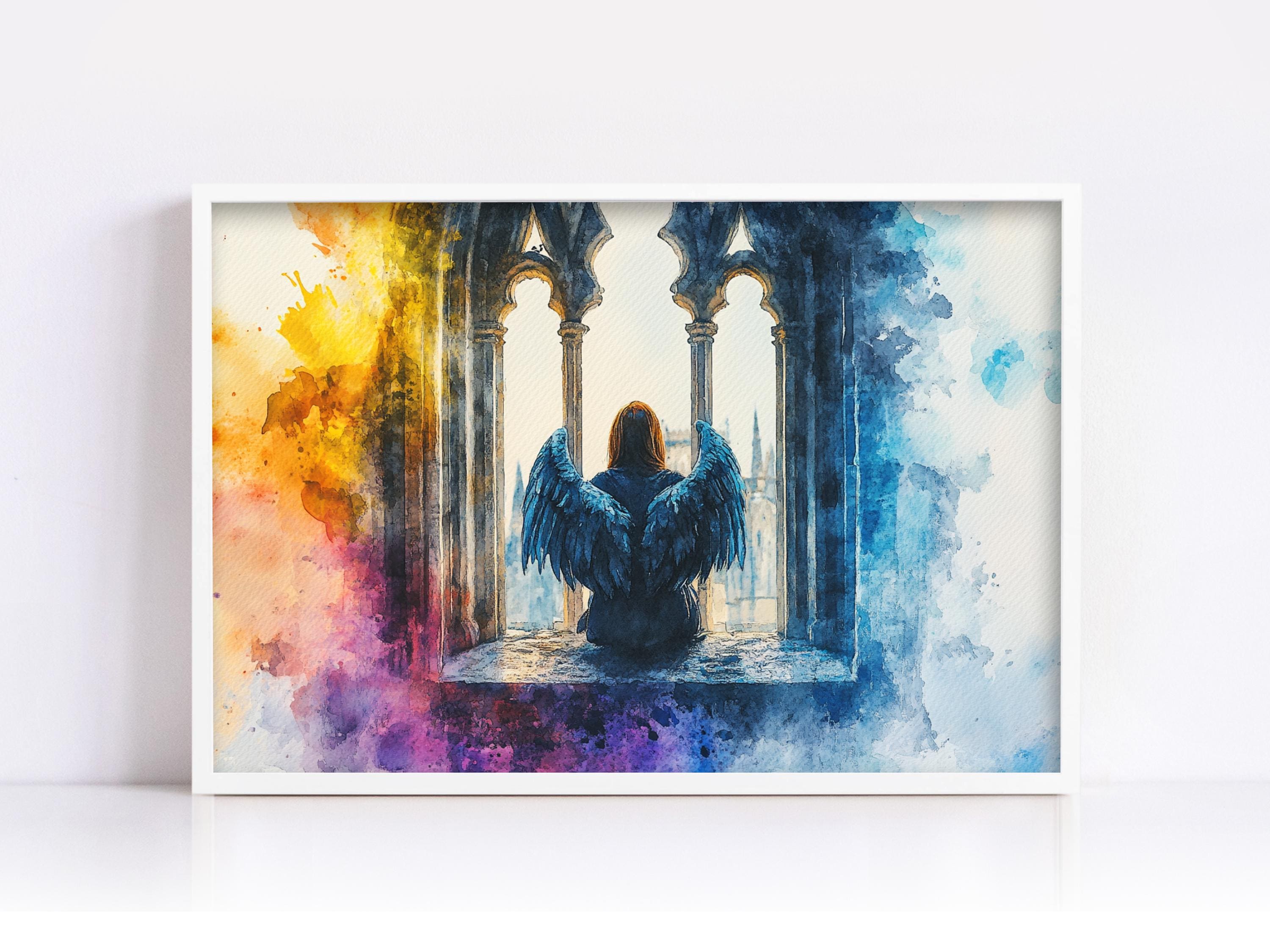 A watercolor painting depicting a person with wings sitting in a window frame, with a colorful and abstract background.