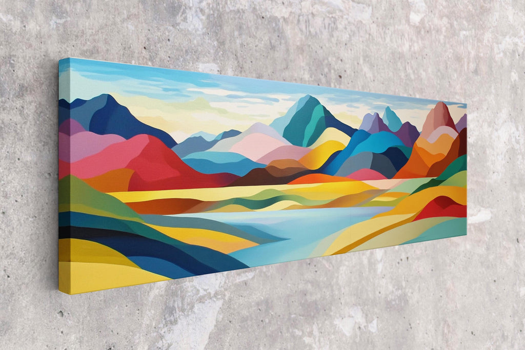 a painting on a wall of a mountain range