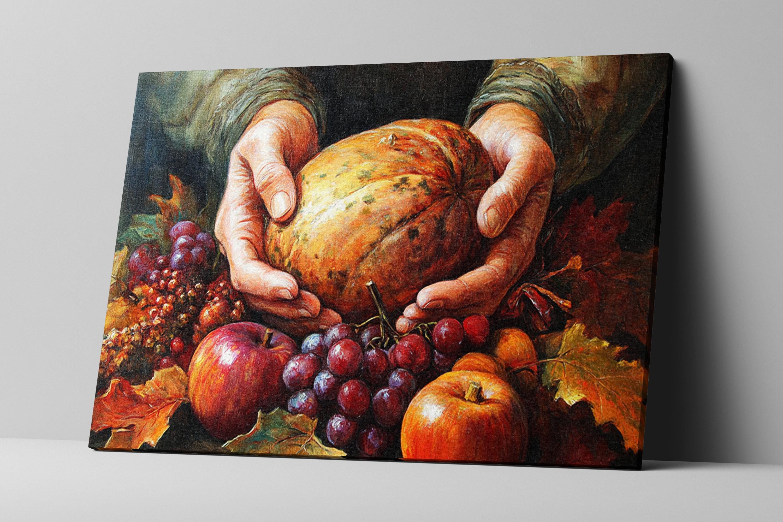 A painting depicting a pair of hands holding a large, spotted fruit surrounded by various fruits such as apples, grapes, and a pumpkin.