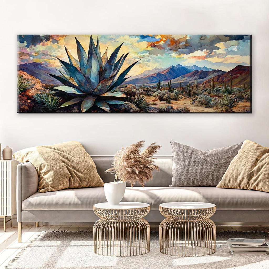 a living room with a couch and a painting on the wall