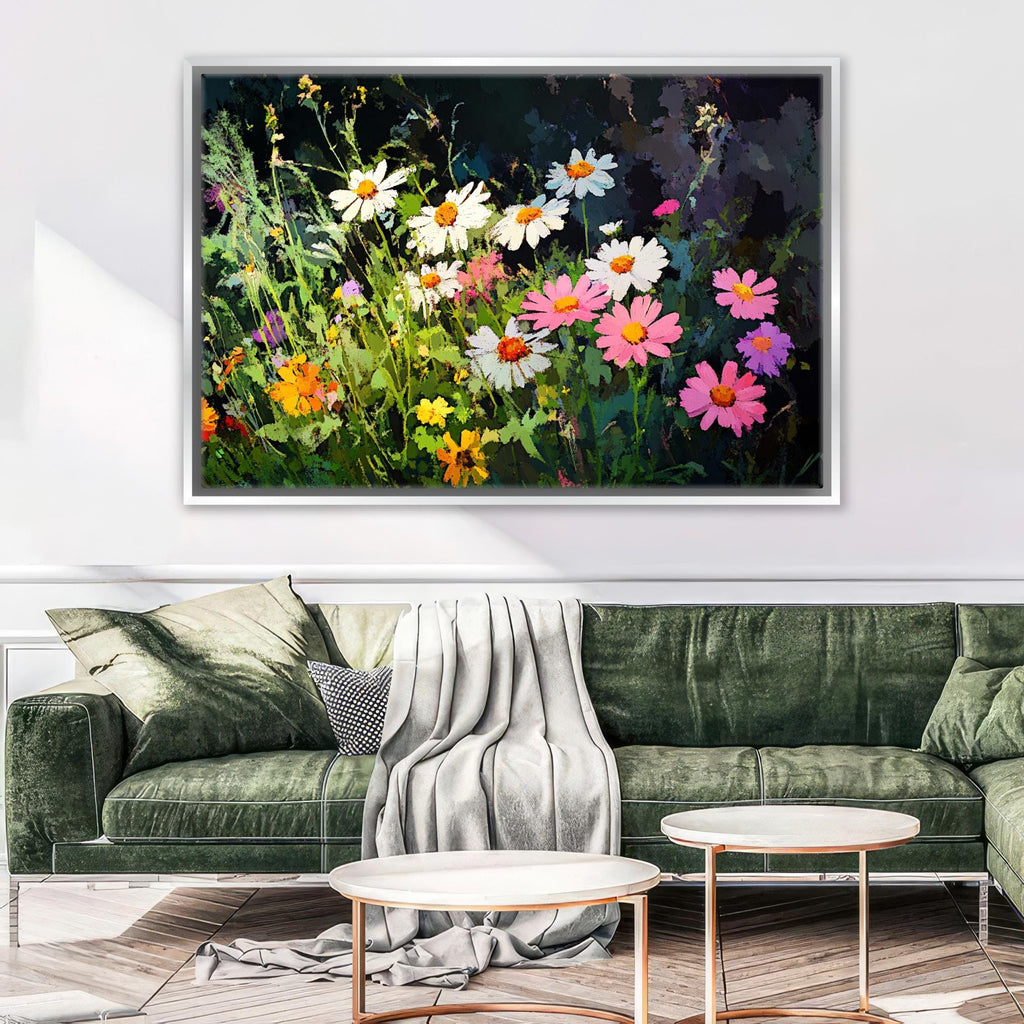 a living room with a green couch and a painting on the wall
