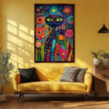 a living room with a couch and a painting on the wall