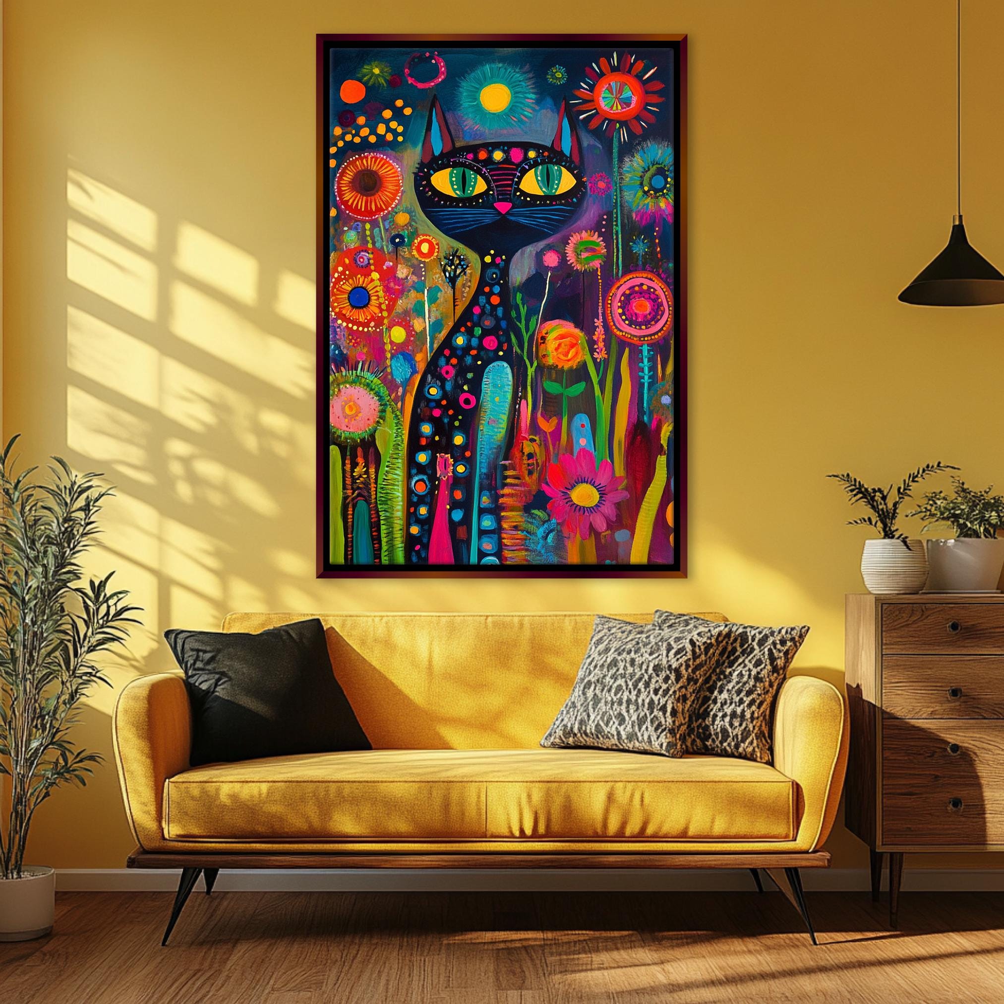 a living room with a couch and a painting on the wall