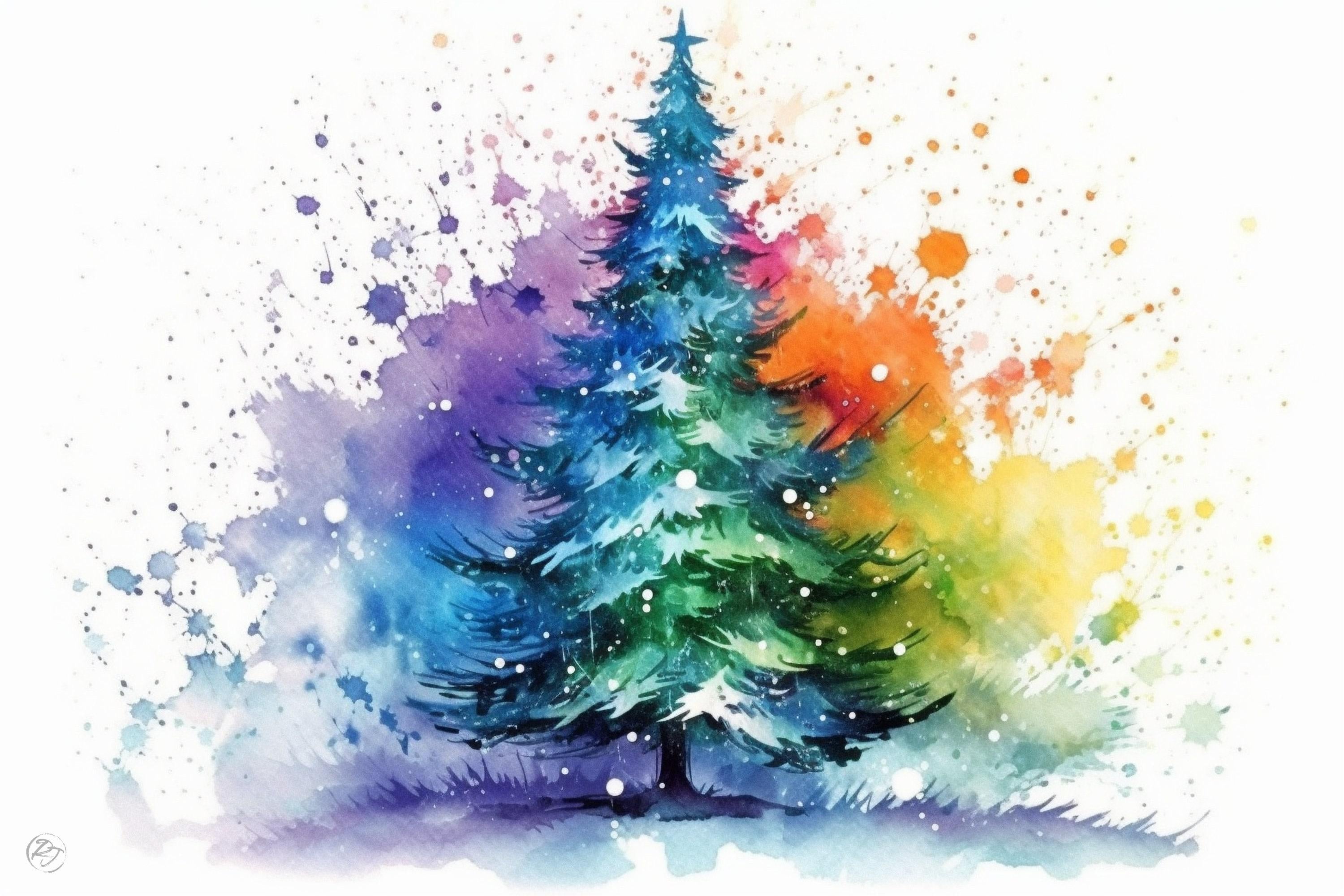 Christmas Tree Colorful Watercolor - Holiday Wall Decor, Print on Canvas, Artist Paper, Watercolor Paper, Available in Extra Large Sizes