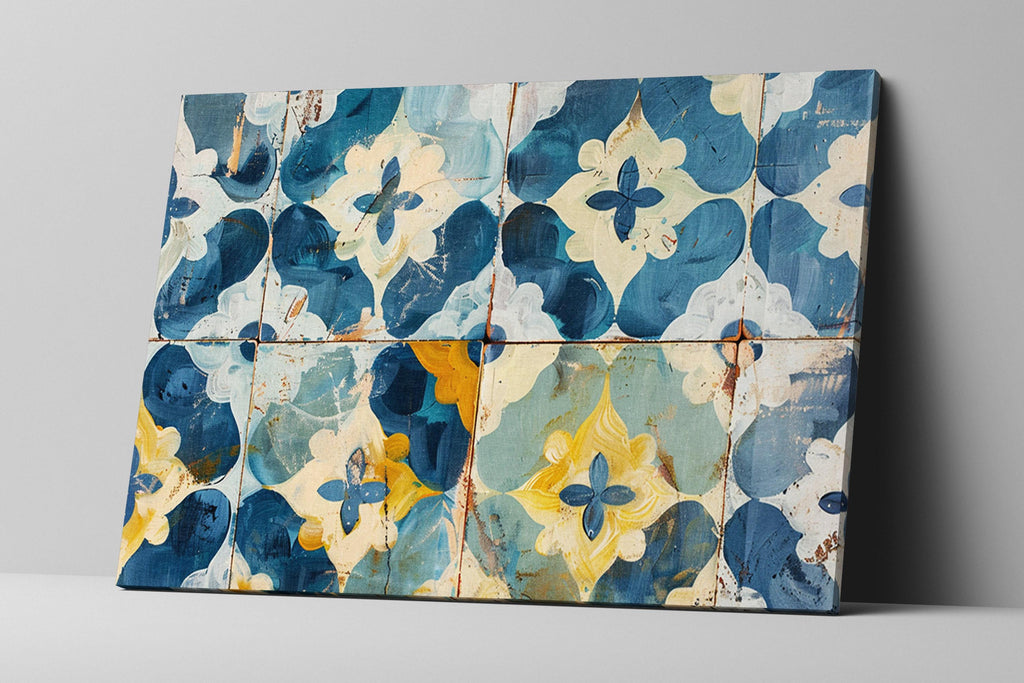 Farmhouse Wall Art – Blue Yellow Canvas Floral Tile Print on Gallery Wrapped Canvas