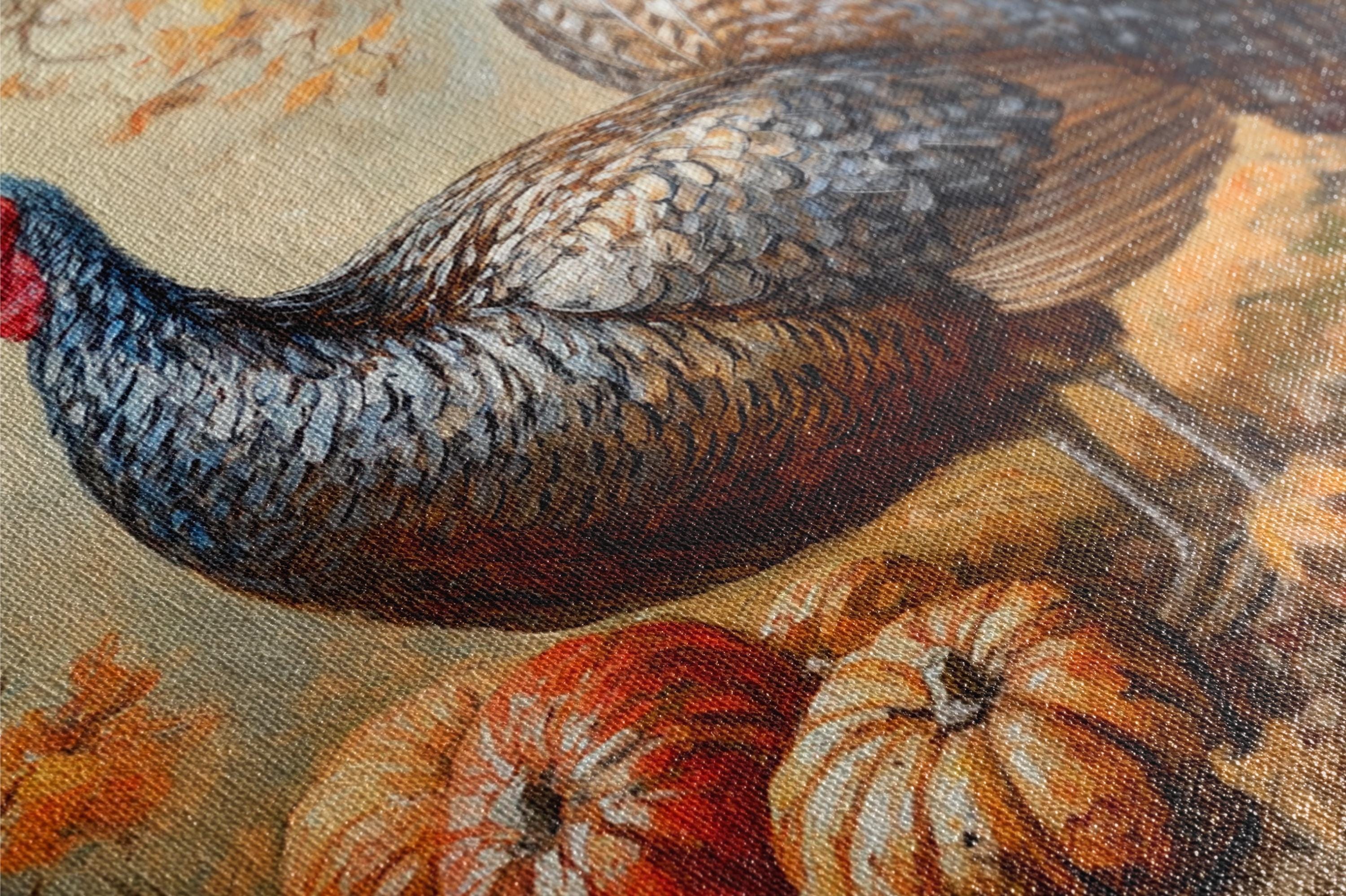 The image is a close-up of a detailed painting of a turkey, with its feathers and beak clearly visible. The painting also includes two pumpkins, adding to the autumnal theme.