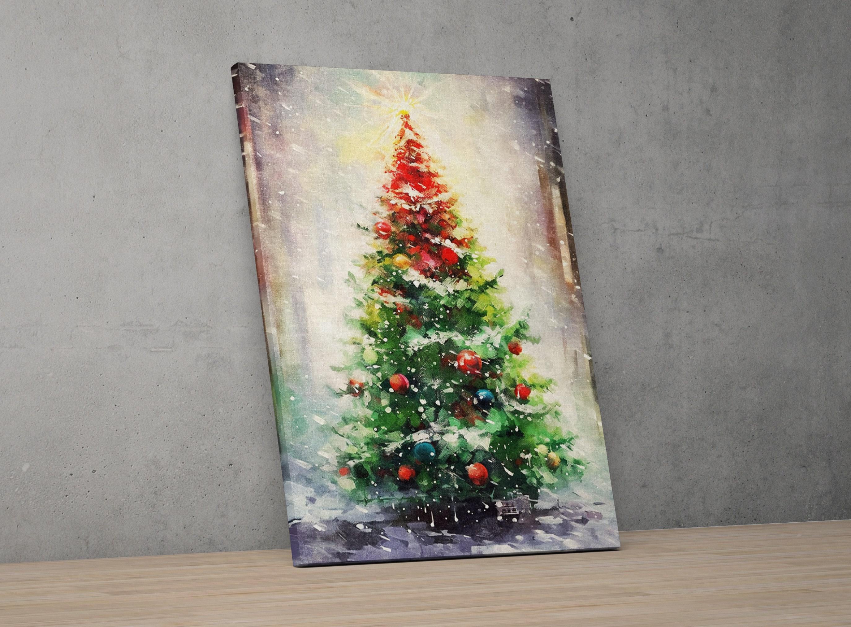 Snowy Christmas Tree Watercolor  - Seasonal Festive Decor, Print on Canvas, Artist Paper, Watercolor Paper, Available in Extra Large Sizes