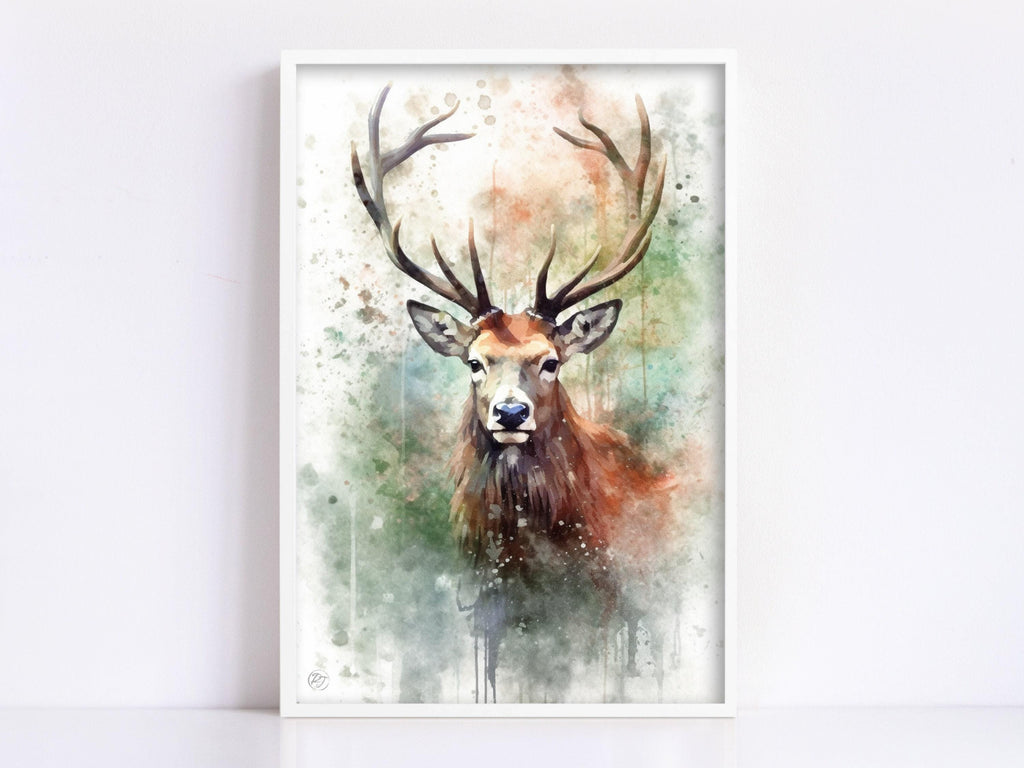 Elegant Reindeer Watercolor - Rustic Holiday Wall Art, Print on Canvas, Artist Paper, Watercolor Paper, Available in Extra Large Sizes