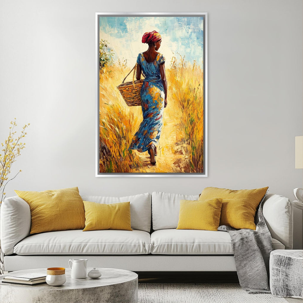 a painting of a woman carrying a basket in a wheat field