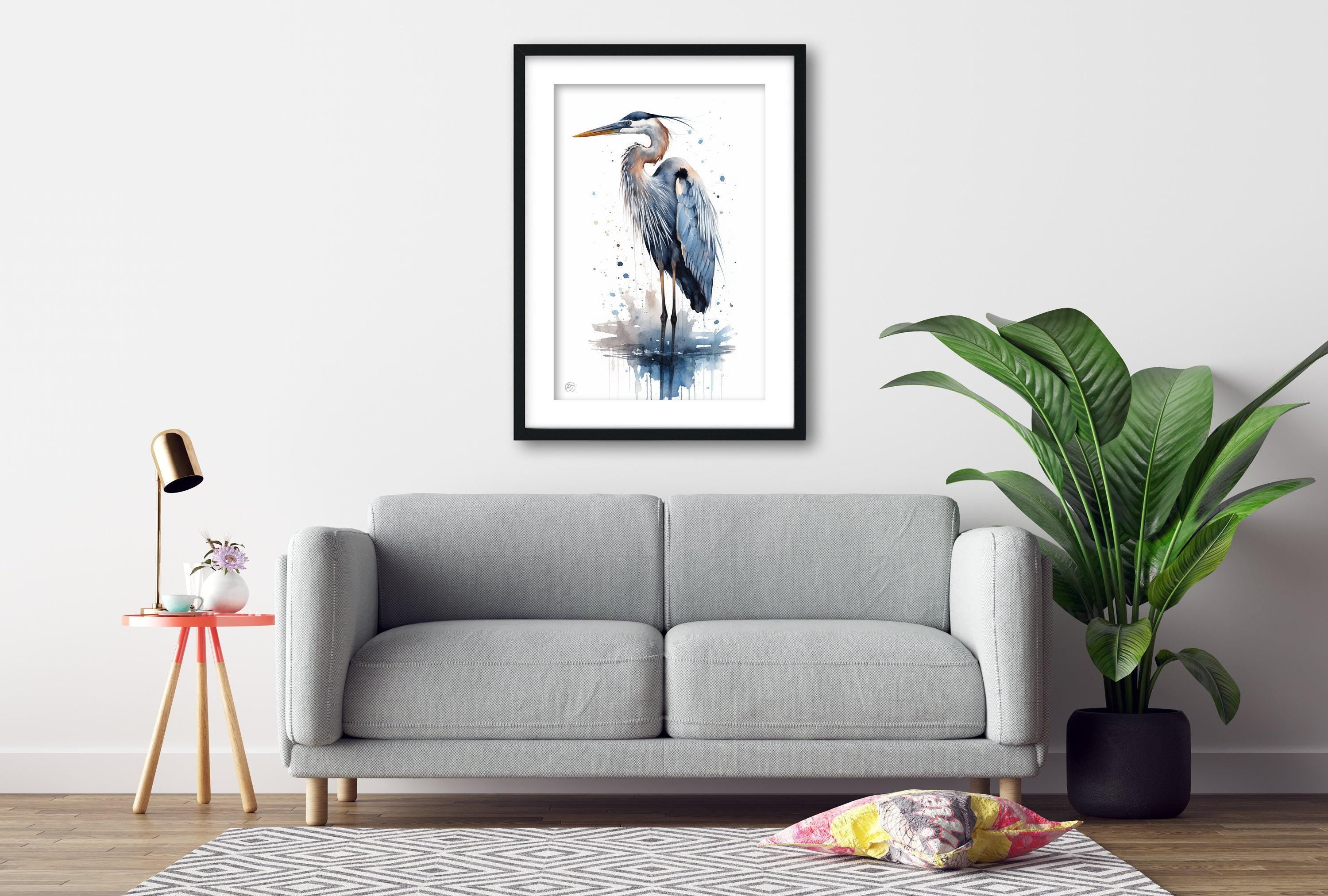 Tranquil Guardian: Blue Heron Watercolor Wall Art, Giclee Print on Canvas, Artist Paper, Watercolor Paper, Available in Extra Large Sizes