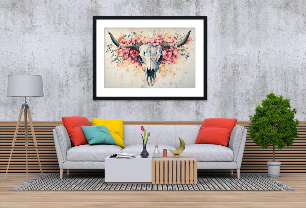 a modern living room with a gray sofa adorned with colorful throw pillows, a wooden coffee table, and a framed artwork of a skull with flowers hanging above it.