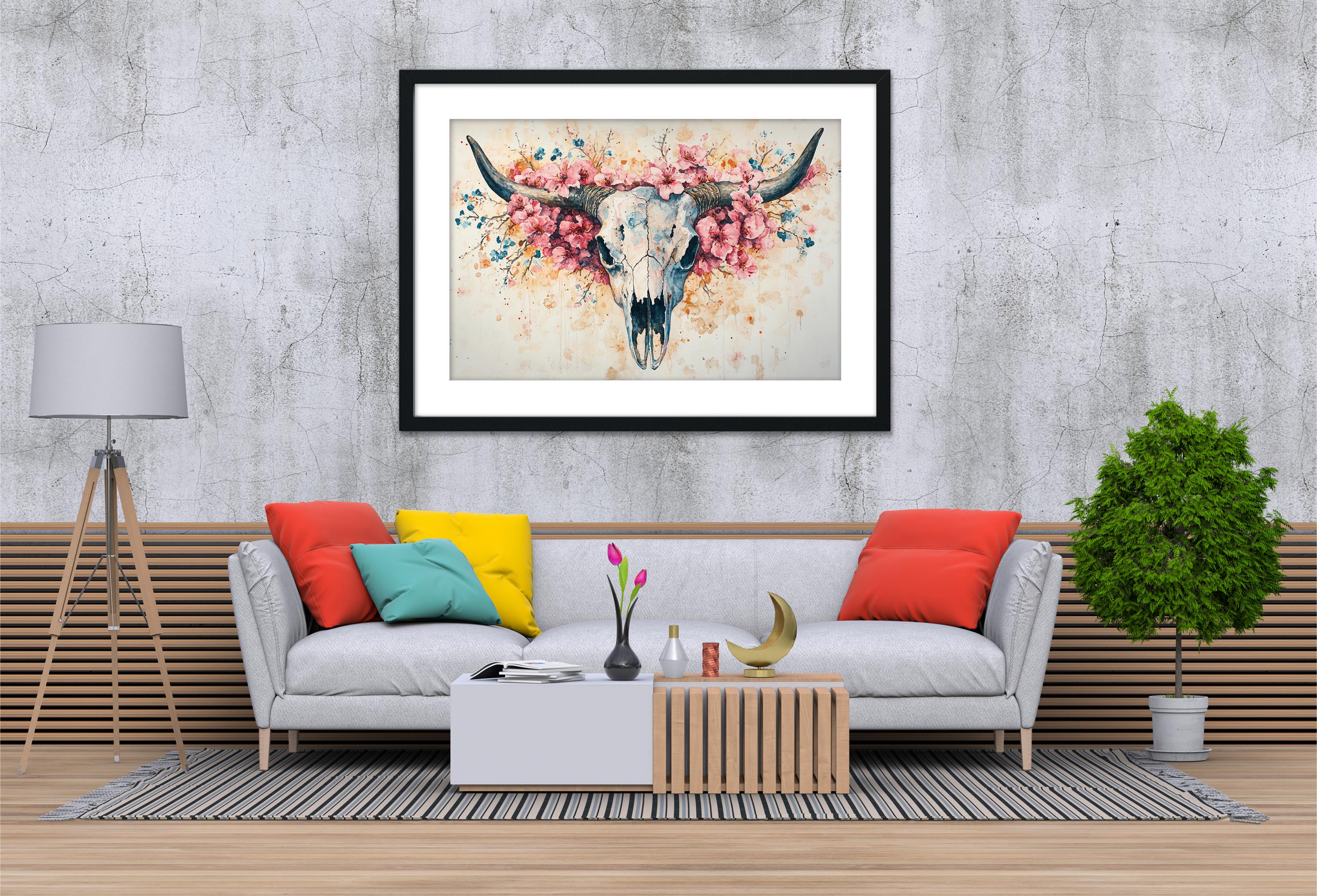 a modern living room with a gray sofa adorned with colorful throw pillows, a wooden coffee table, and a framed artwork of a skull with flowers hanging above it.