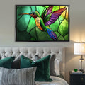 a bedroom with a bed and a painting on the wall