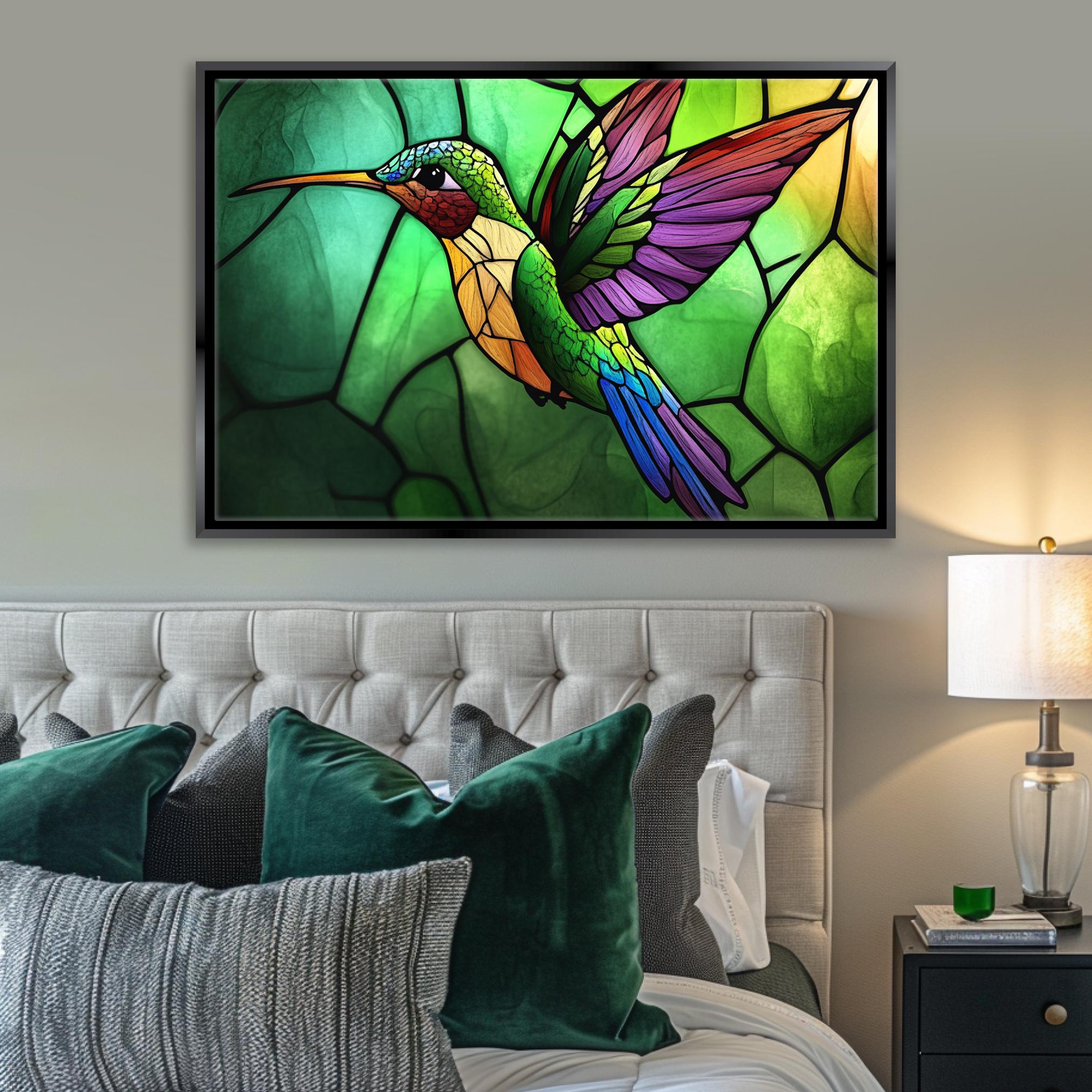 a bedroom with a bed and a painting on the wall