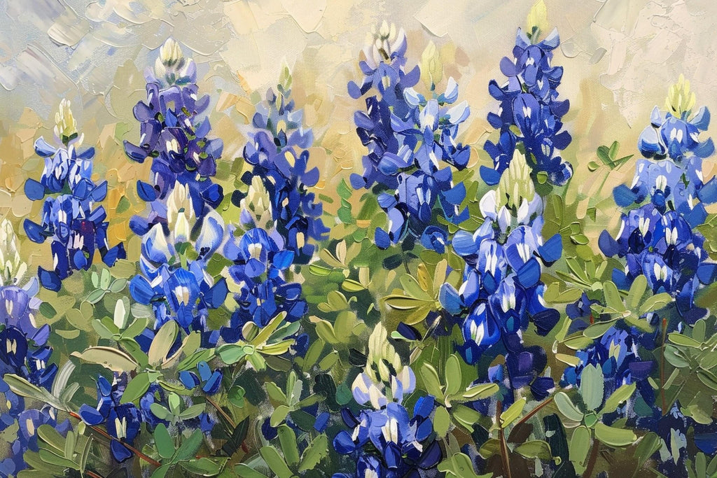 The image is a painting of a field filled with blue flowers, including lupine and bluebonnet blooms, surrounded by lush green foliage.