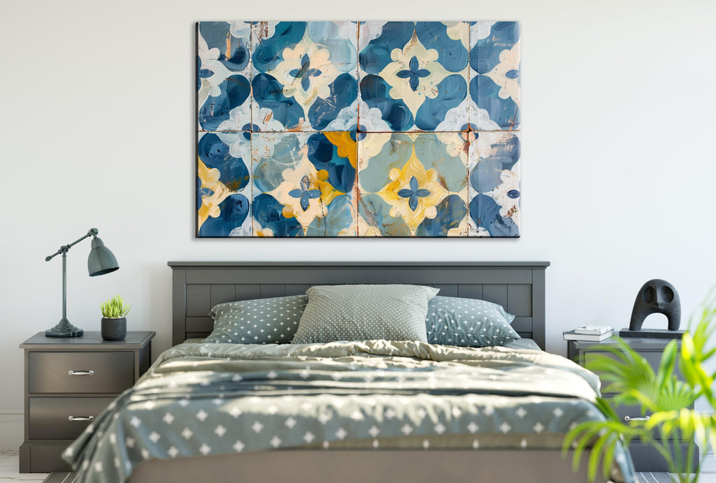 Farmhouse Wall Art – Blue Yellow Canvas Floral Tile Print on Gallery Wrapped Canvas