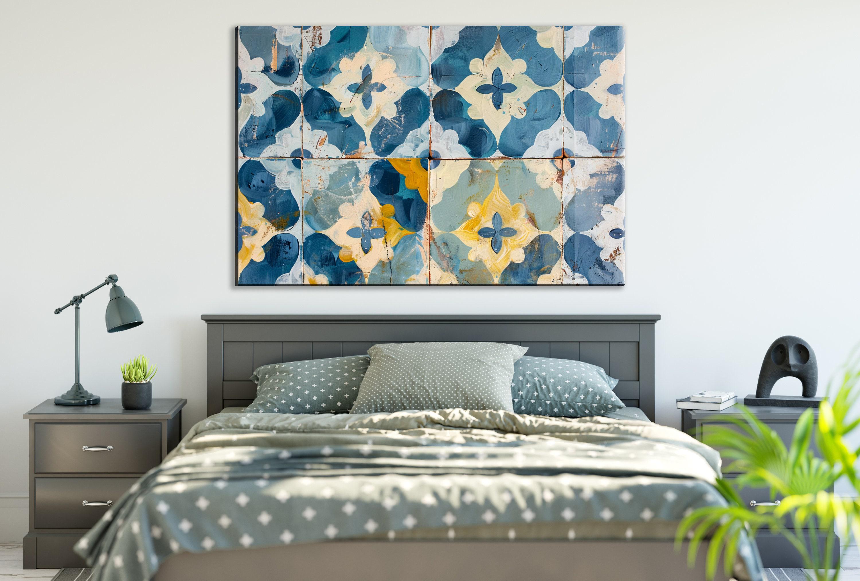 Farmhouse Wall Art – Blue Yellow Canvas Floral Tile Print on Gallery Wrapped Canvas