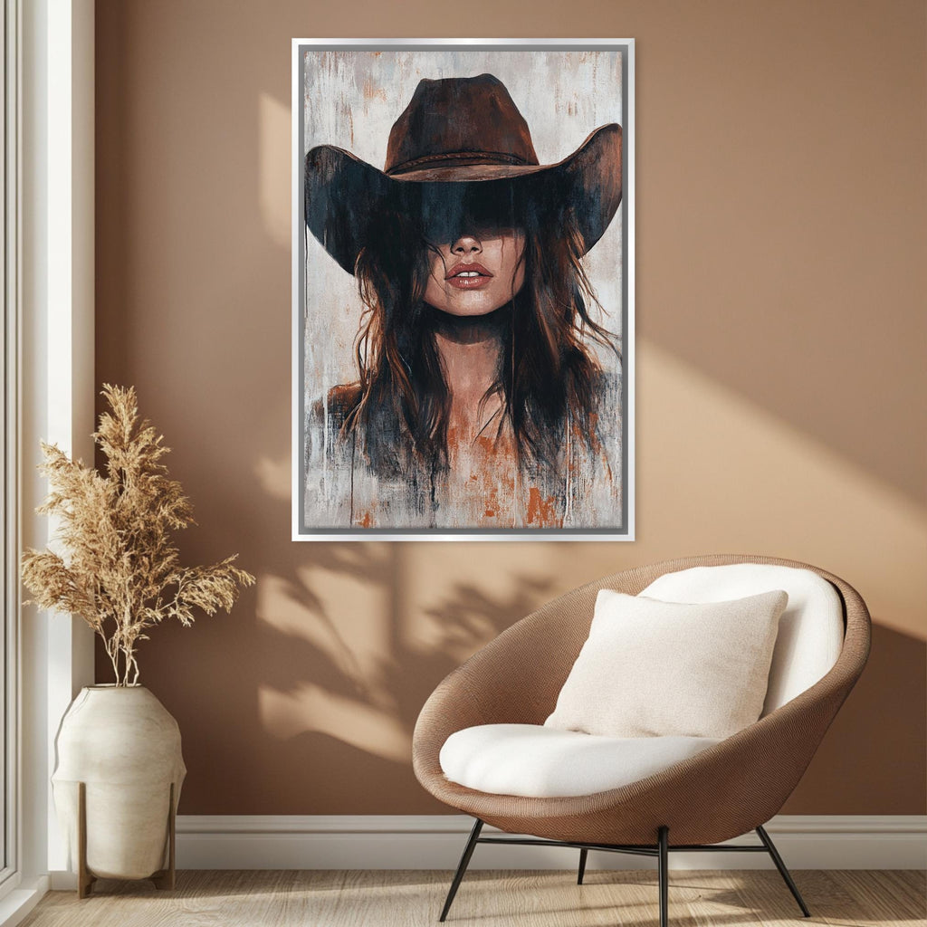 a painting of a woman wearing a cowboy hat