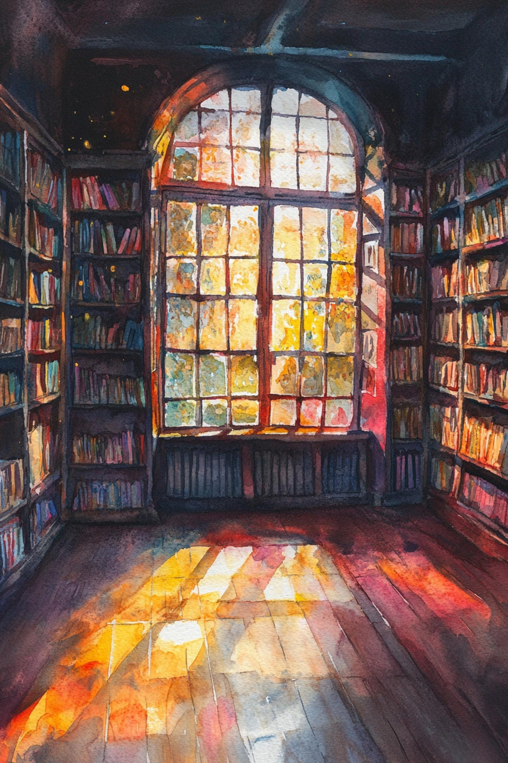 a serene and inviting library room with a large arched window that allows natural light to flood the space. The room is filled with numerous bookshelves lining the walls, creating a cozy and intellectual atmosphere. The wooden floor adds a warm and rustic touch to the overall ambiance of the library.