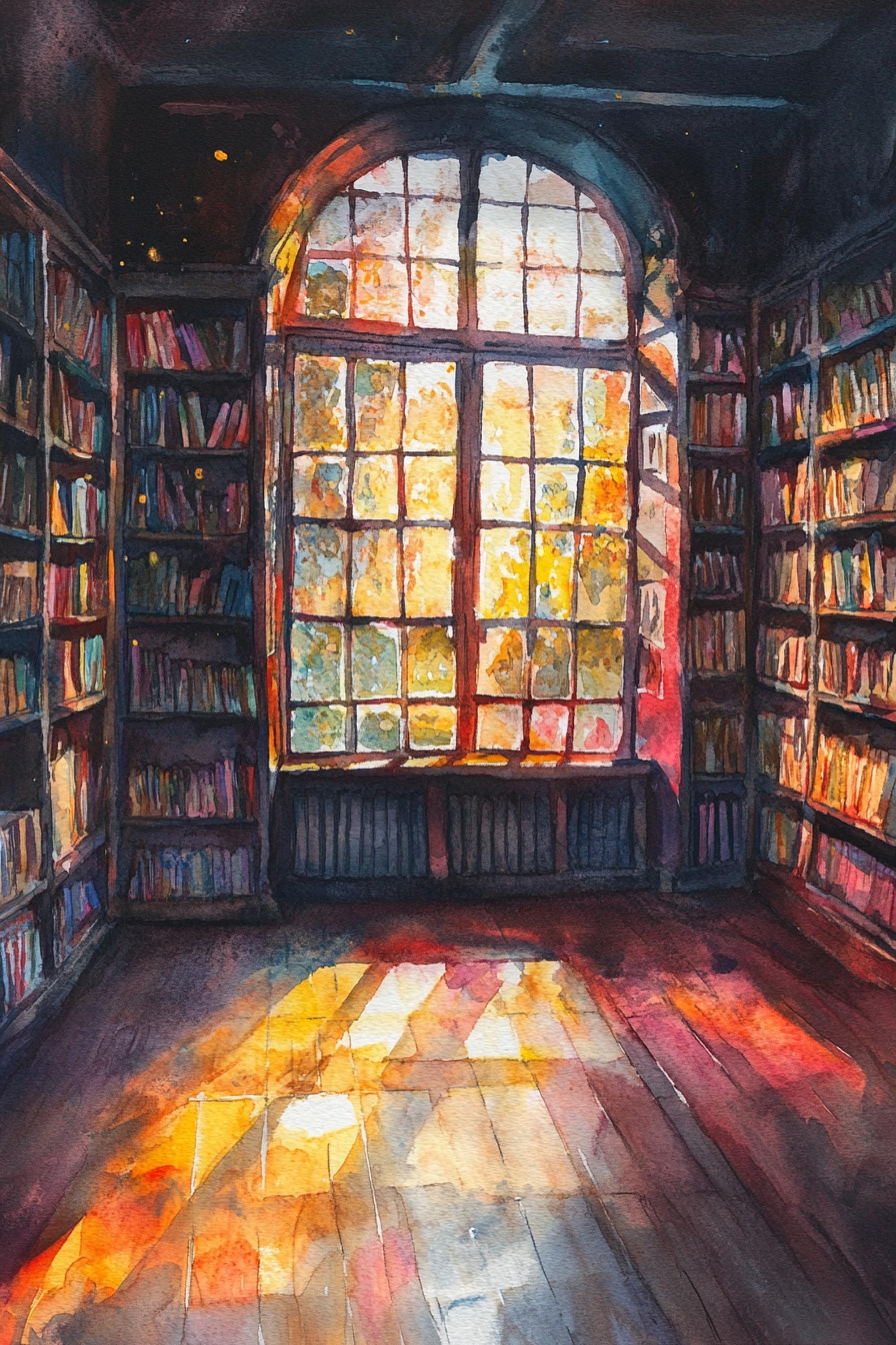 a serene and inviting library room with a large arched window that allows natural light to flood the space. The room is filled with numerous bookshelves lining the walls, creating a cozy and intellectual atmosphere. The wooden floor adds a warm and rustic touch to the overall ambiance of the library.