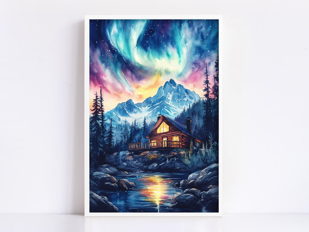 a serene mountain cabin nestled in a tranquil forest, with a stunning display of the northern lights illuminating the night sky above.