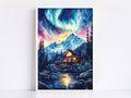 a serene mountain cabin nestled in a tranquil forest, with a stunning display of the northern lights illuminating the night sky above.