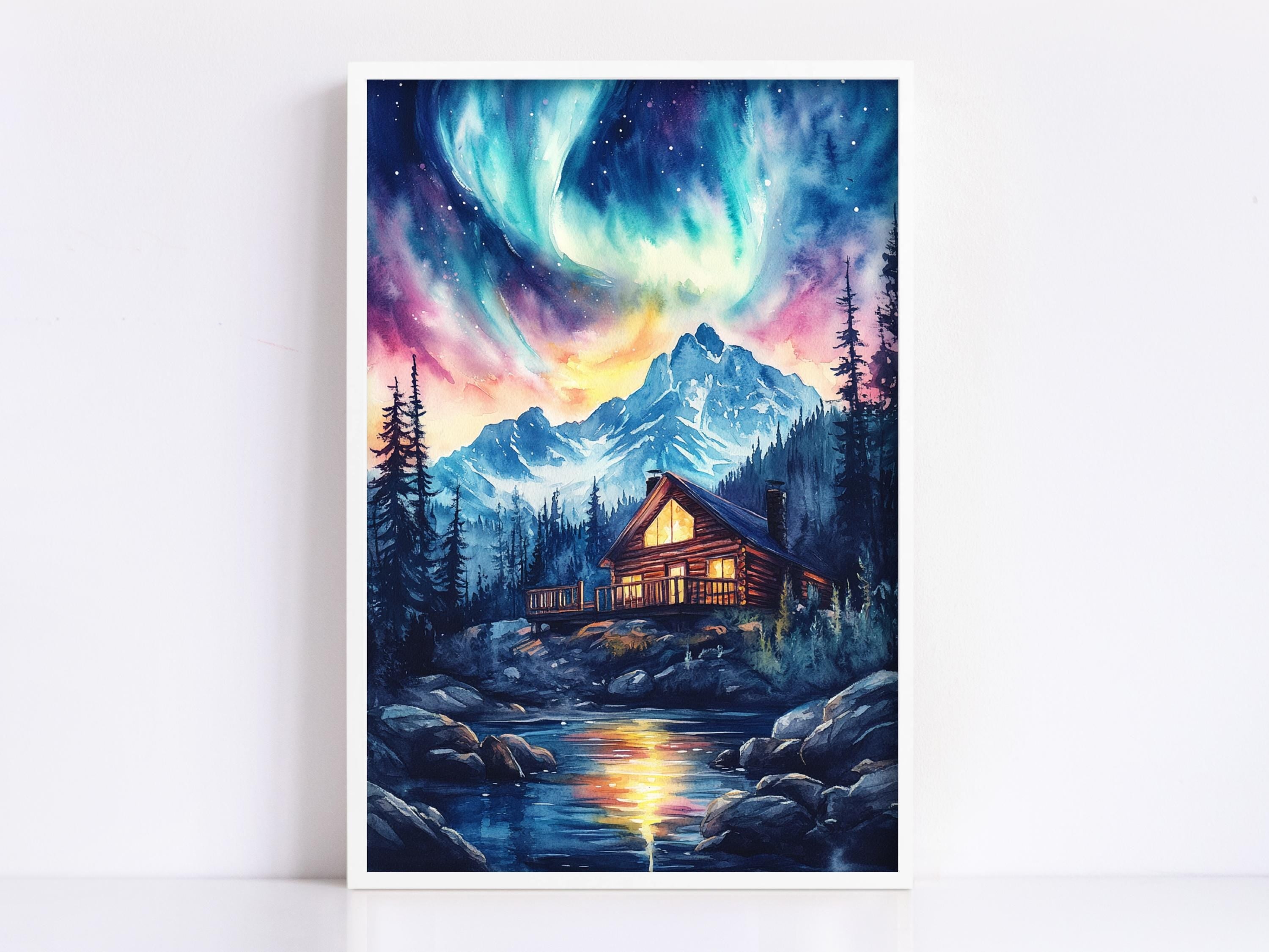 a serene mountain cabin nestled in a tranquil forest, with a stunning display of the northern lights illuminating the night sky above.