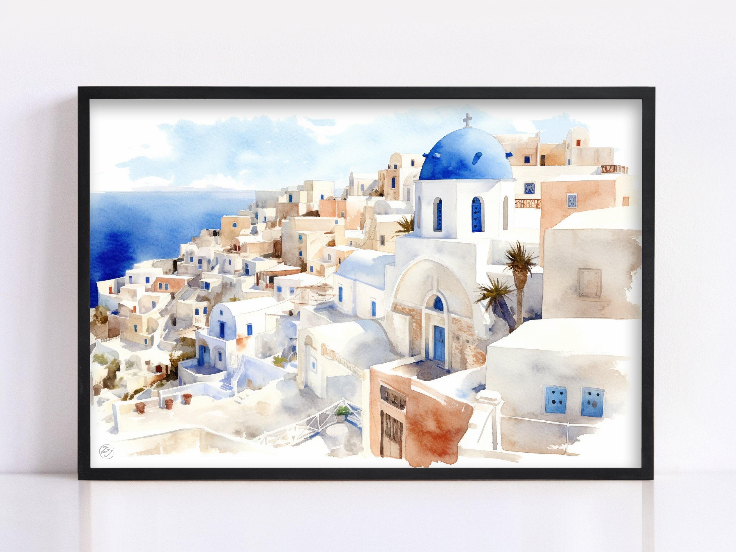 Greek Island Escape: Santorini Watercolor Wall Decor, Giclee Print on Canvas, Artist Paper, Watercolor Paper, Available in Extra Large Sizes