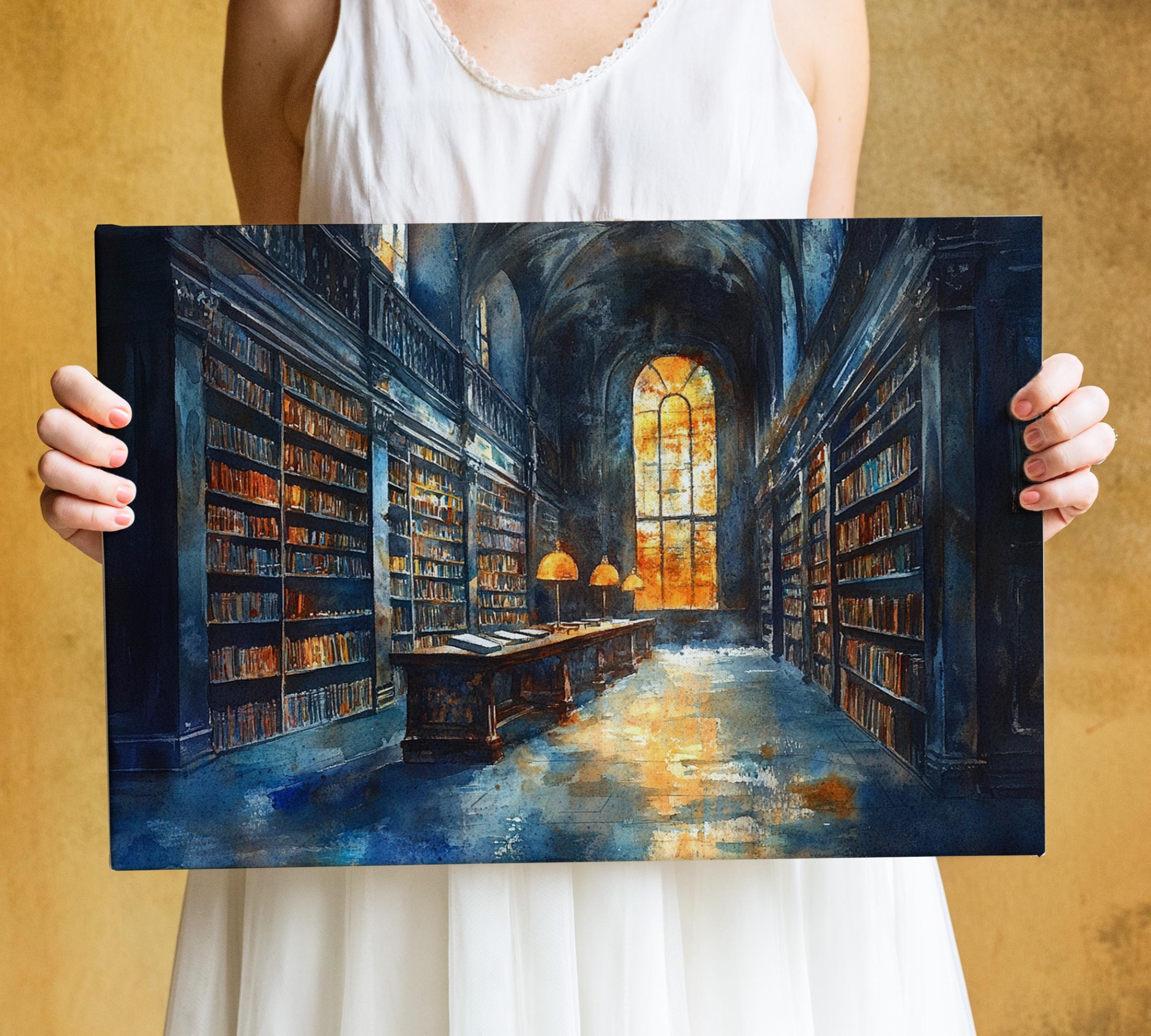 A person is holding a framed painting of a grand library with tall bookshelves, a large stained glass window, and a desk with a lamp.